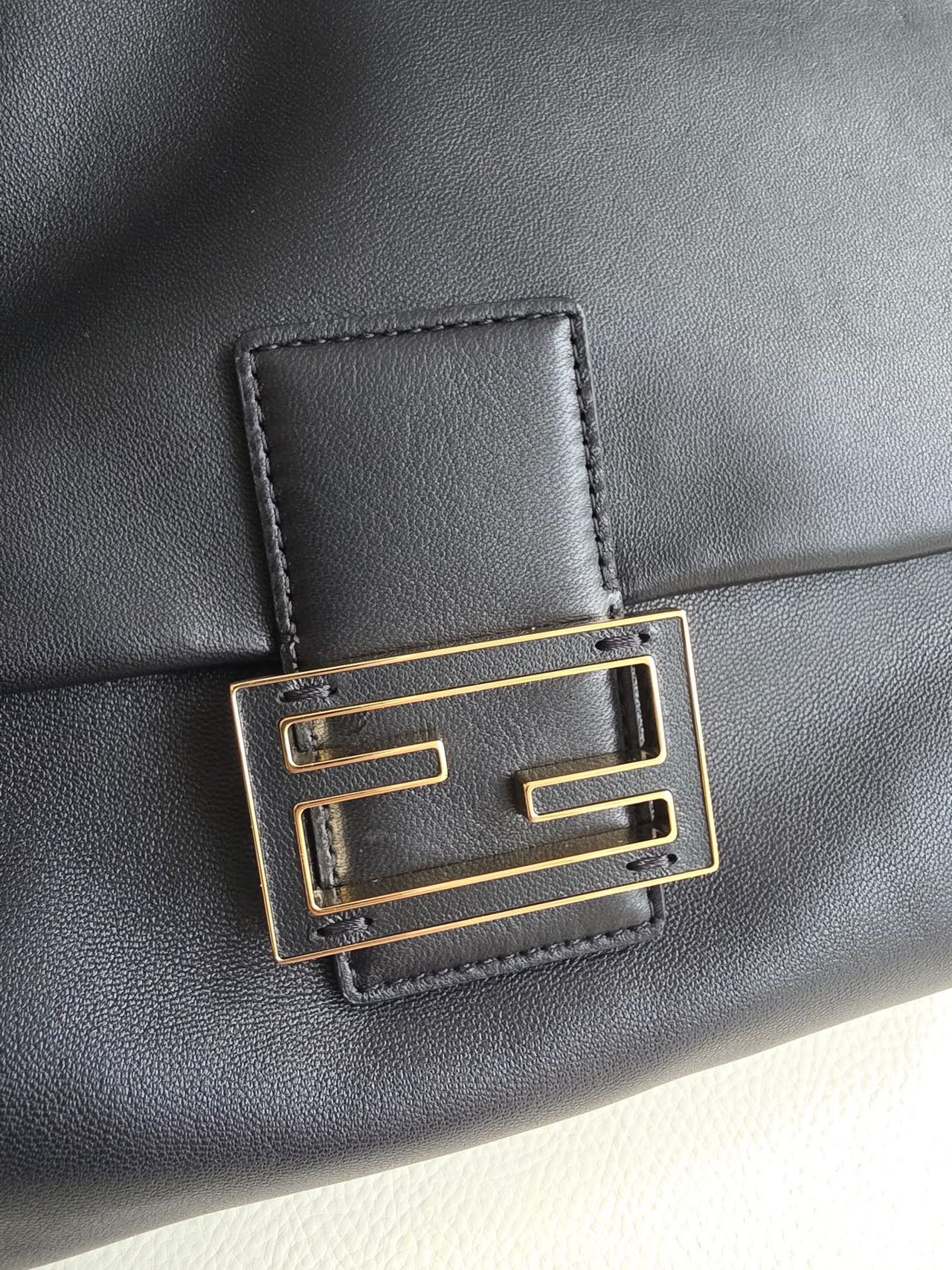 Pre-owned Certified Fendi Mamma Baguette Black Calfskin with Golden Hardware, w/ dust bag, two straps