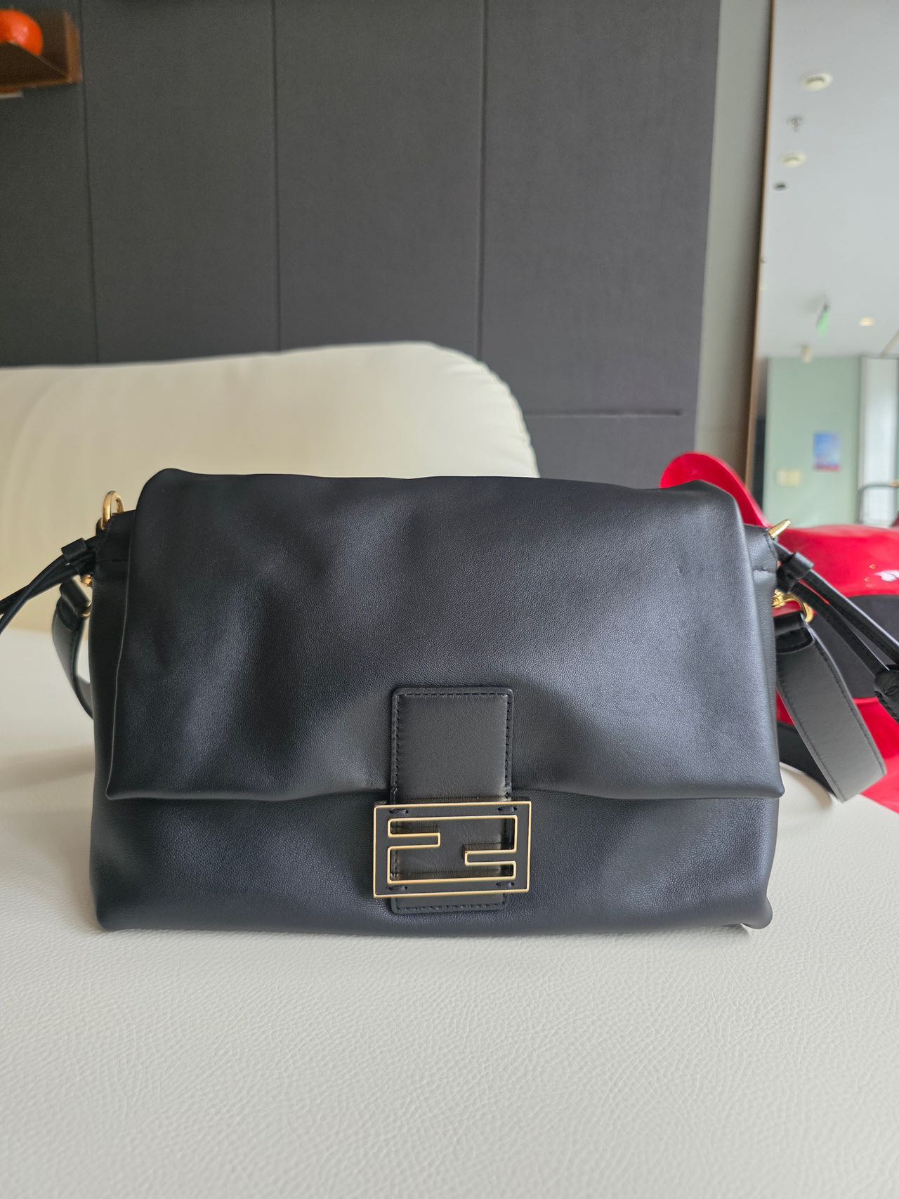 Pre-owned Certified Fendi Mamma Baguette Black Calfskin with Golden Hardware, w/ dust bag, two straps