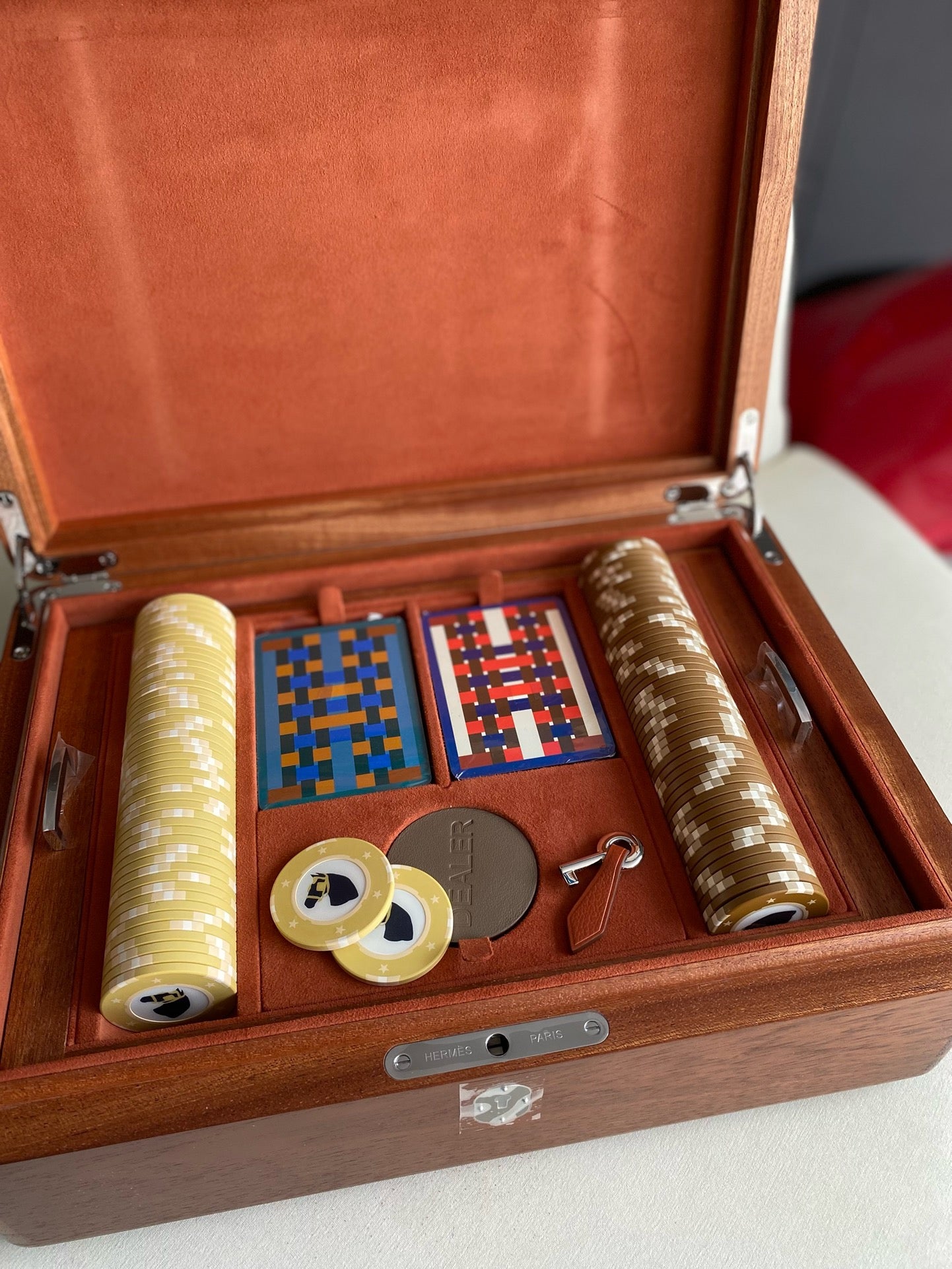 Pre-owned Certified Hermes Casaque Mosaique Poker Box, Not Used, in Wooden Box with Velvet Lambskin Lining