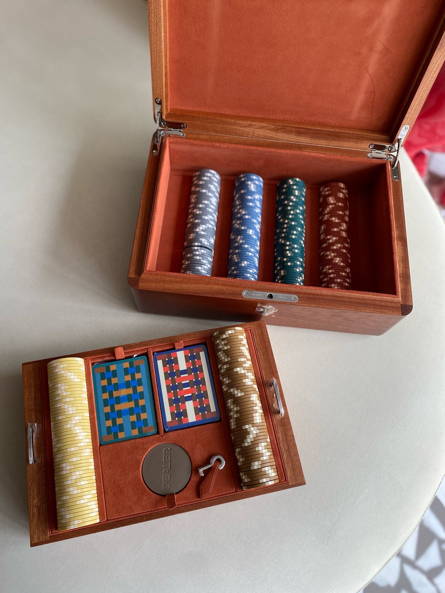 Pre-owned Certified Hermes Casaque Mosaique Poker Box, Not Used, in Wooden Box with Velvet Lambskin Lining