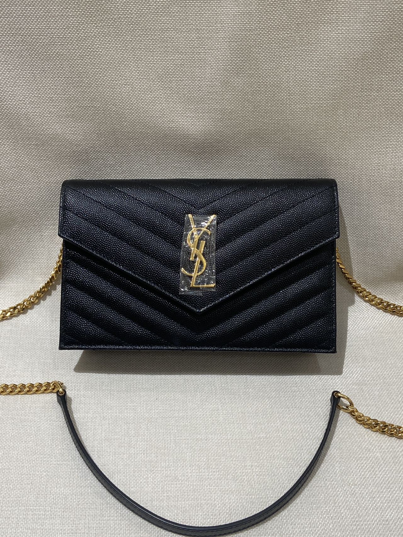 Pre-owned Certified YSL Saint Laurent Cassandre Envelope Chain Wallet in Black Caviar Leather with Golden Hardware, w/ dust bag
