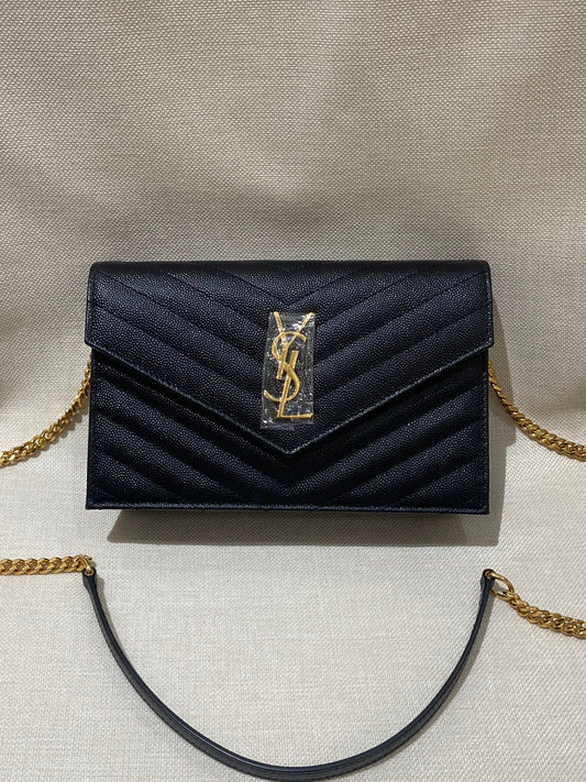 Pre-owned Certified YSL Saint Laurent Cassandre Envelope Chain Wallet in Black Caviar Leather with Golden Hardware, w/ dust bag