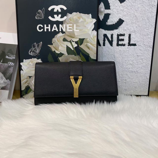 Pre-owned Certified YSL Saint Laurent Clutch in Black Calfskin with Golden Hardware, w/ dust bag