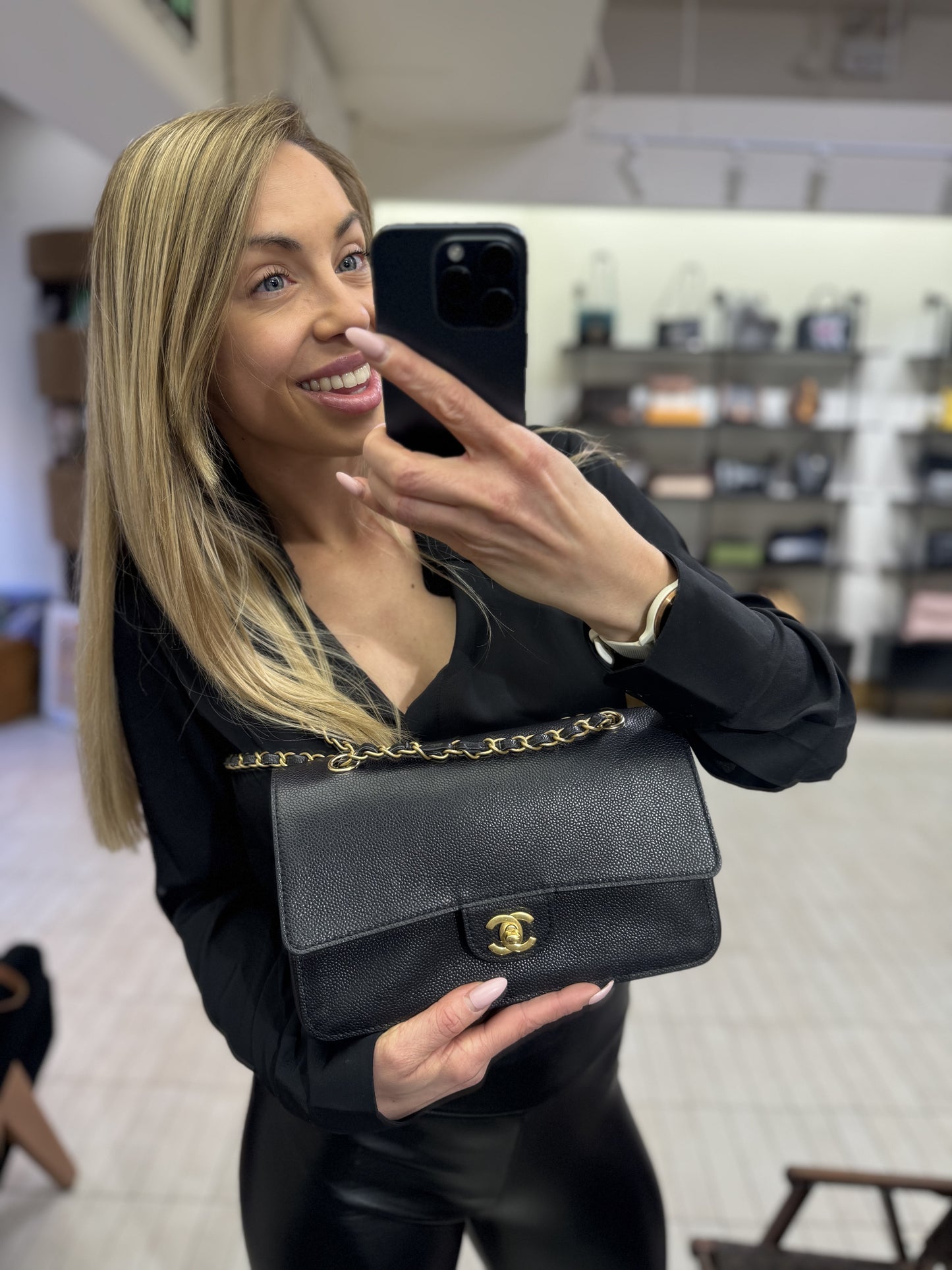 Special Edition Pre-owned Chanel Pure Double Flap Medium in Black Caviar Leather with Golden Hardware, 2018, Full Set