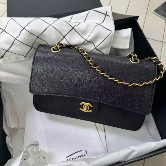 Special Edition Pre-owned Chanel Pure Double Flap Medium in Black Caviar Leather with Golden Hardware, 2018, Full Set