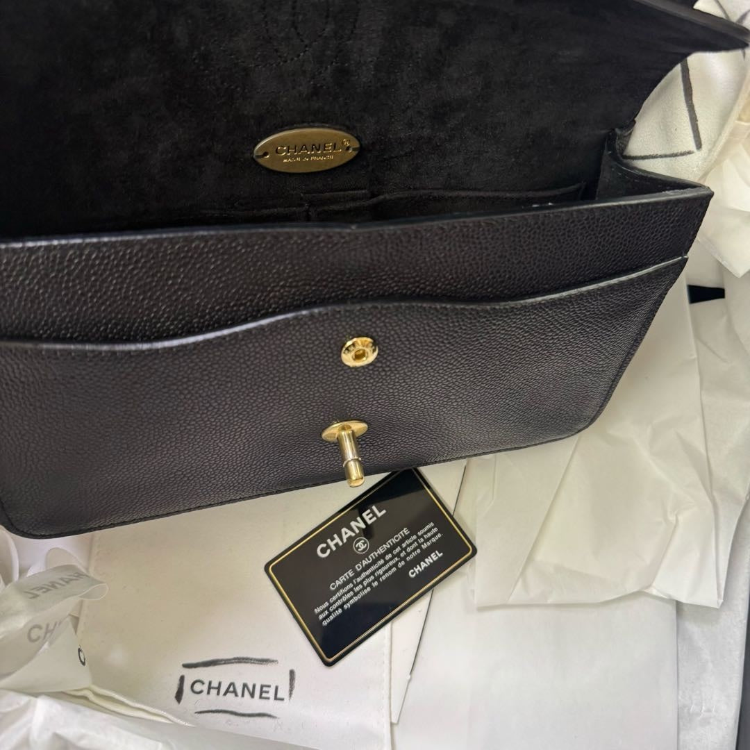 Special Edition Pre-owned Chanel Pure Double Flap Medium in Black Caviar Leather with Golden Hardware, 2018, Full Set