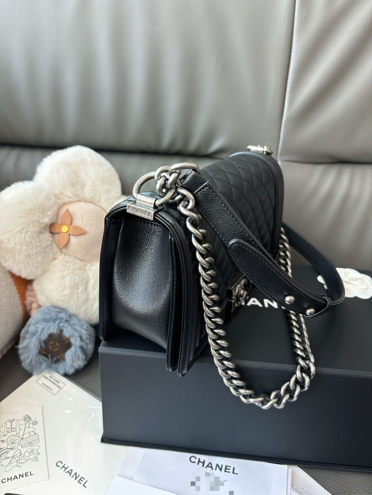 Pre-owned Certified Chanel Medium Boy Bag in Black Caviar Leather with Silver Hardware, 2019-2020,  w/ full set