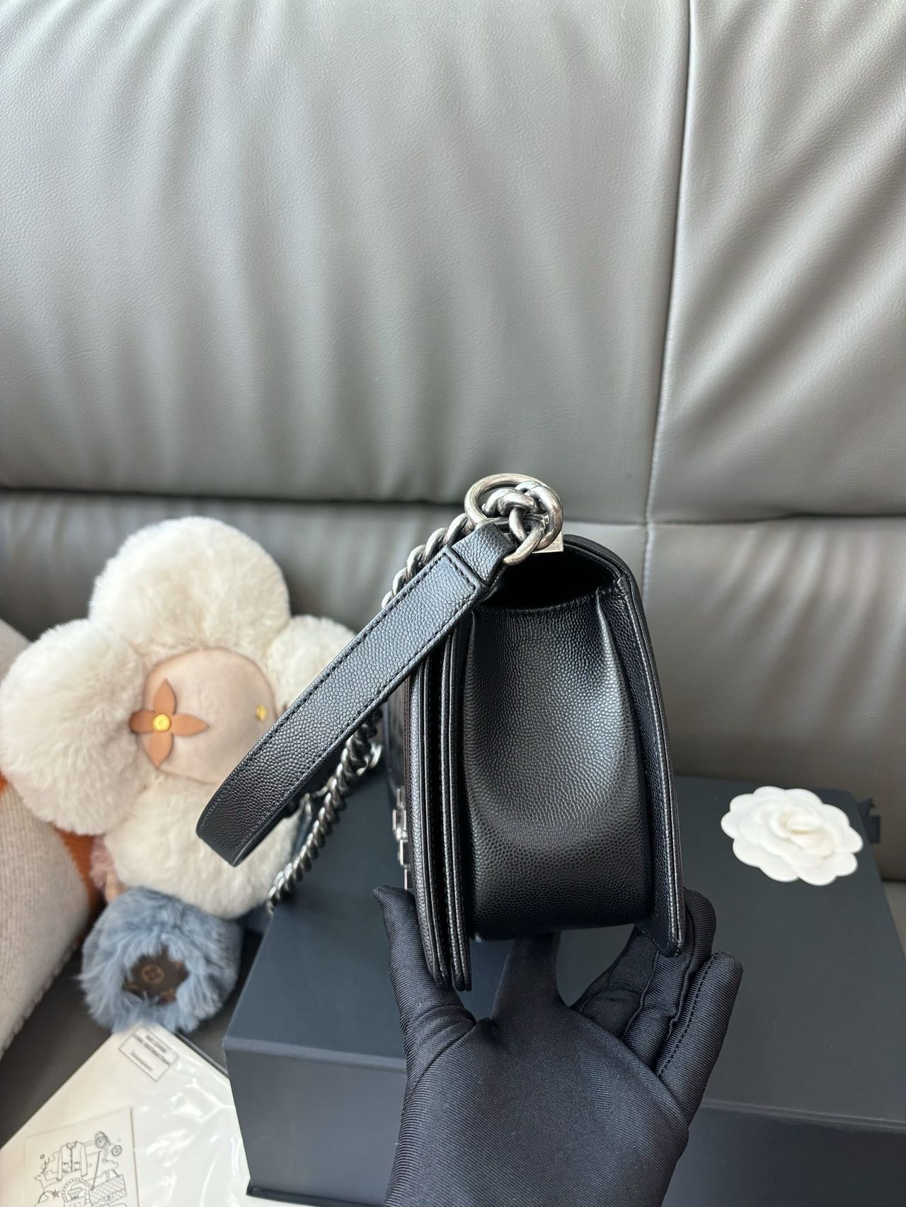 Pre-owned Certified Chanel Medium Boy Bag in Black Caviar Leather with Silver Hardware, 2019-2020,  w/ full set