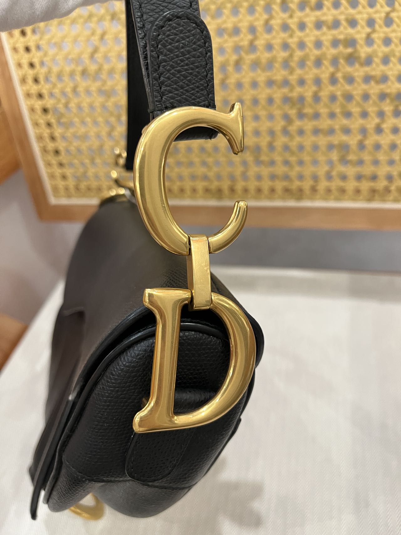 Pre-owned Certified Dior Saddle in Black Grained Calfskin with Golden Hardware, 2018, w/ Dior canvas strap, dust bag