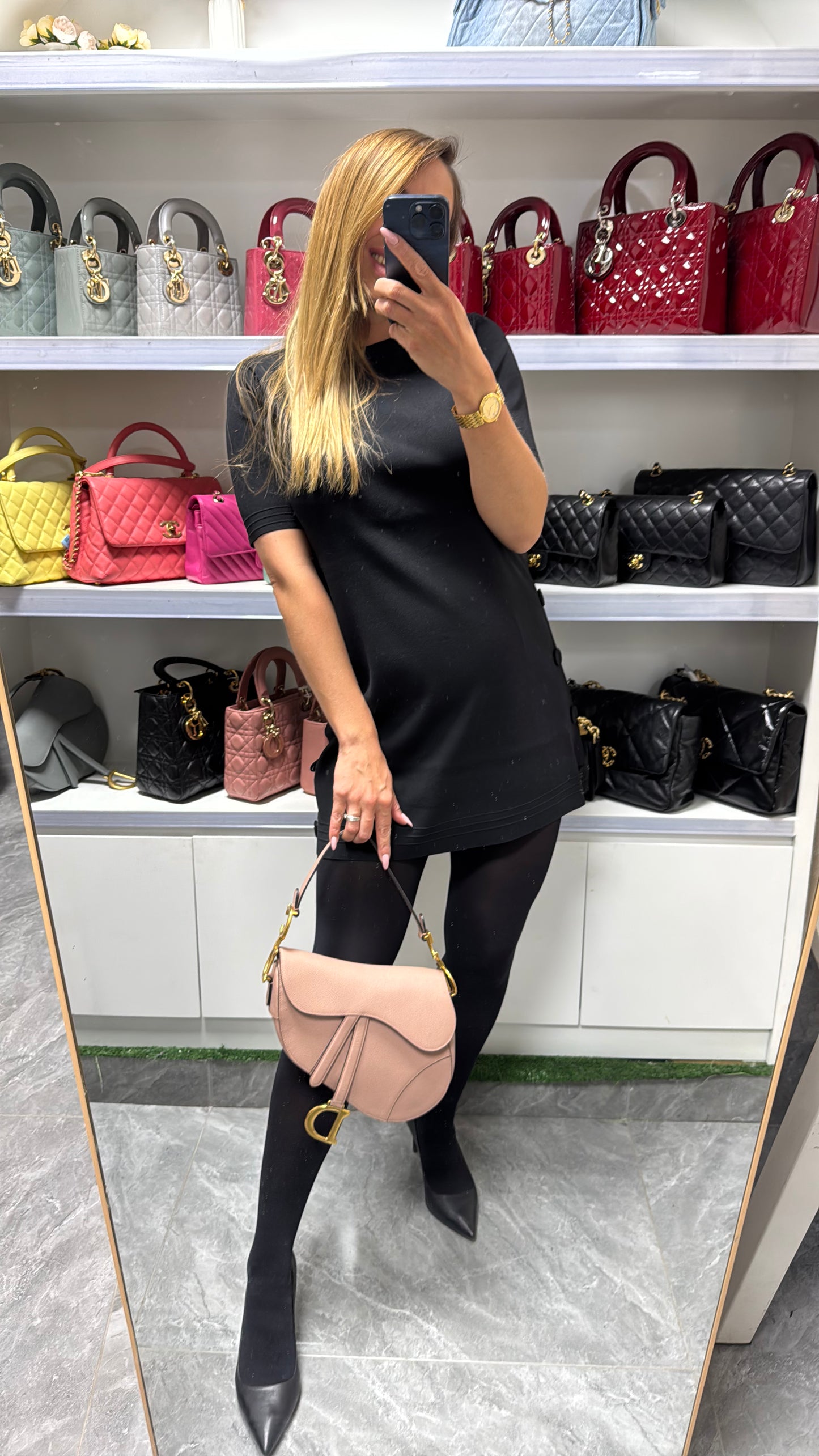 Pre-owned Certified Dior Medium Saddle in Nude Pink Medium Grained Calfskin, Golden Hardware, 2019, w/ Dior canvas strap, dust bag