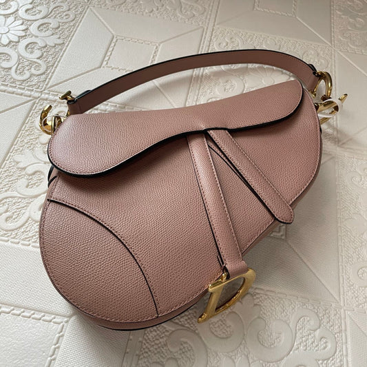Pre-owned Certified Dior Medium Saddle in Nude Pink Grained Calfskin with Golden Hardware, 2019, w/ dust bag