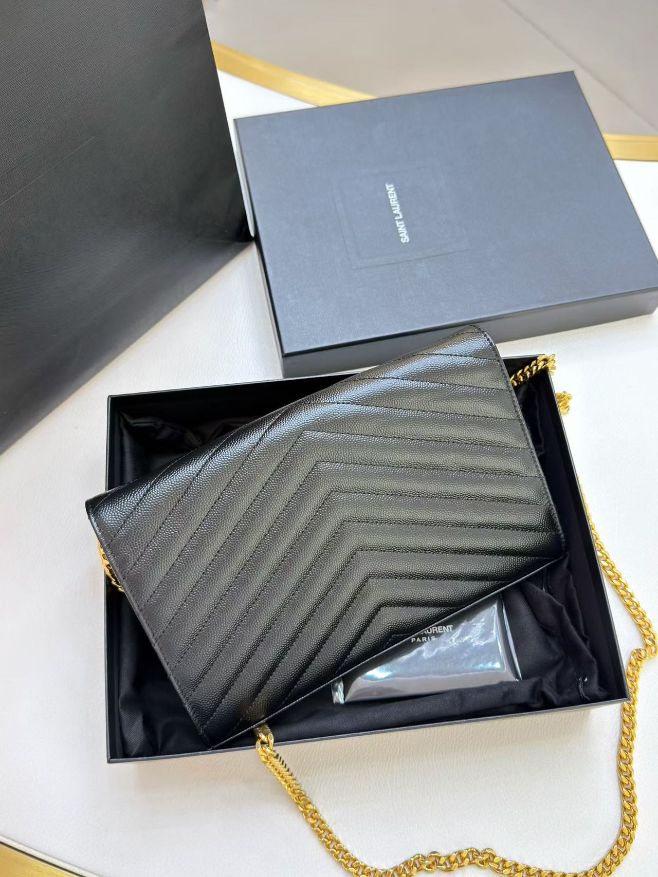 Pre-owned Certified  YSL Saint Laurent Monogram Wallet on Chain in Black Caviar Leather with Golden Hardware, 2021, w/ full set