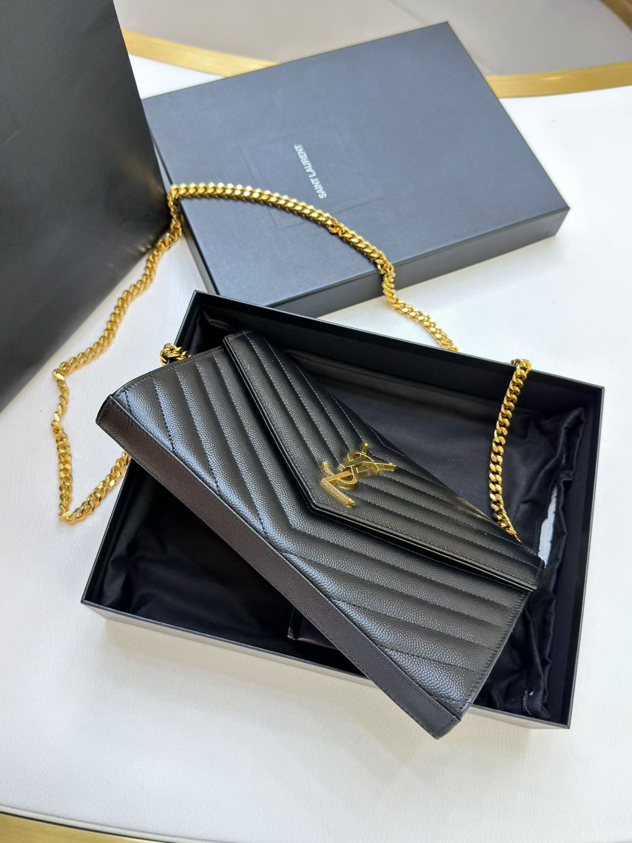 Pre-owned Certified  YSL Saint Laurent Monogram Wallet on Chain in Black Caviar Leather with Golden Hardware, 2021, w/ full set