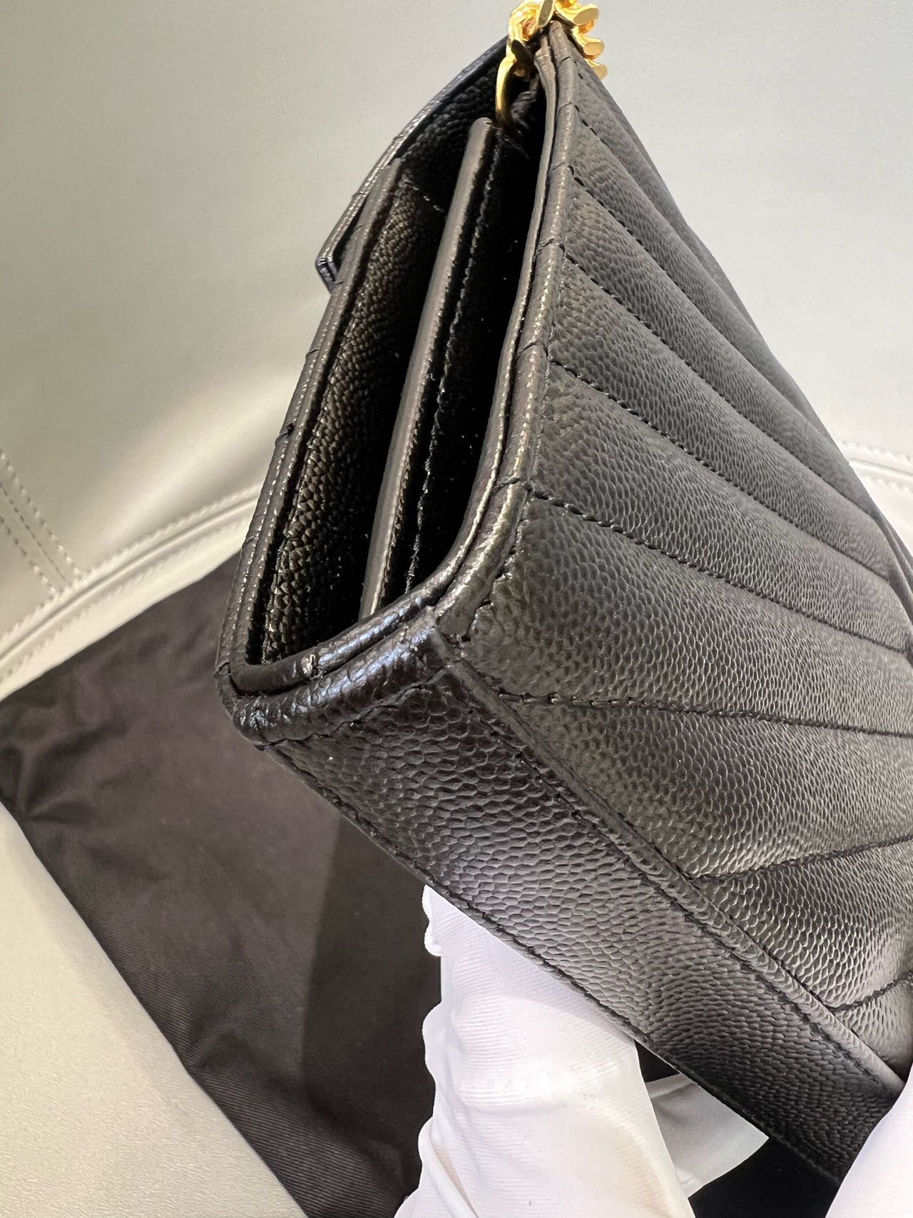 Pre-owned Certified  YSL Saint Laurent Monogram Wallet on Chain in Black Caviar Leather with Golden Hardware, 2021, w/ full set