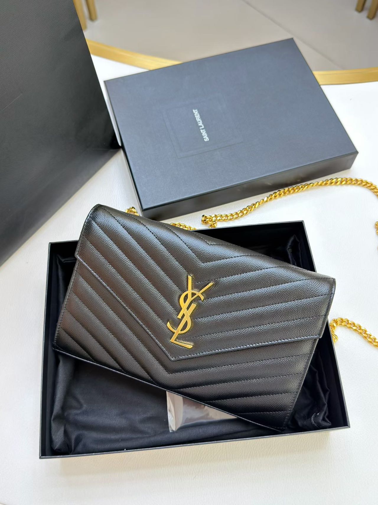 Pre-owned Certified  YSL Saint Laurent Monogram Wallet on Chain in Black Caviar Leather with Golden Hardware, 2021, w/ full set