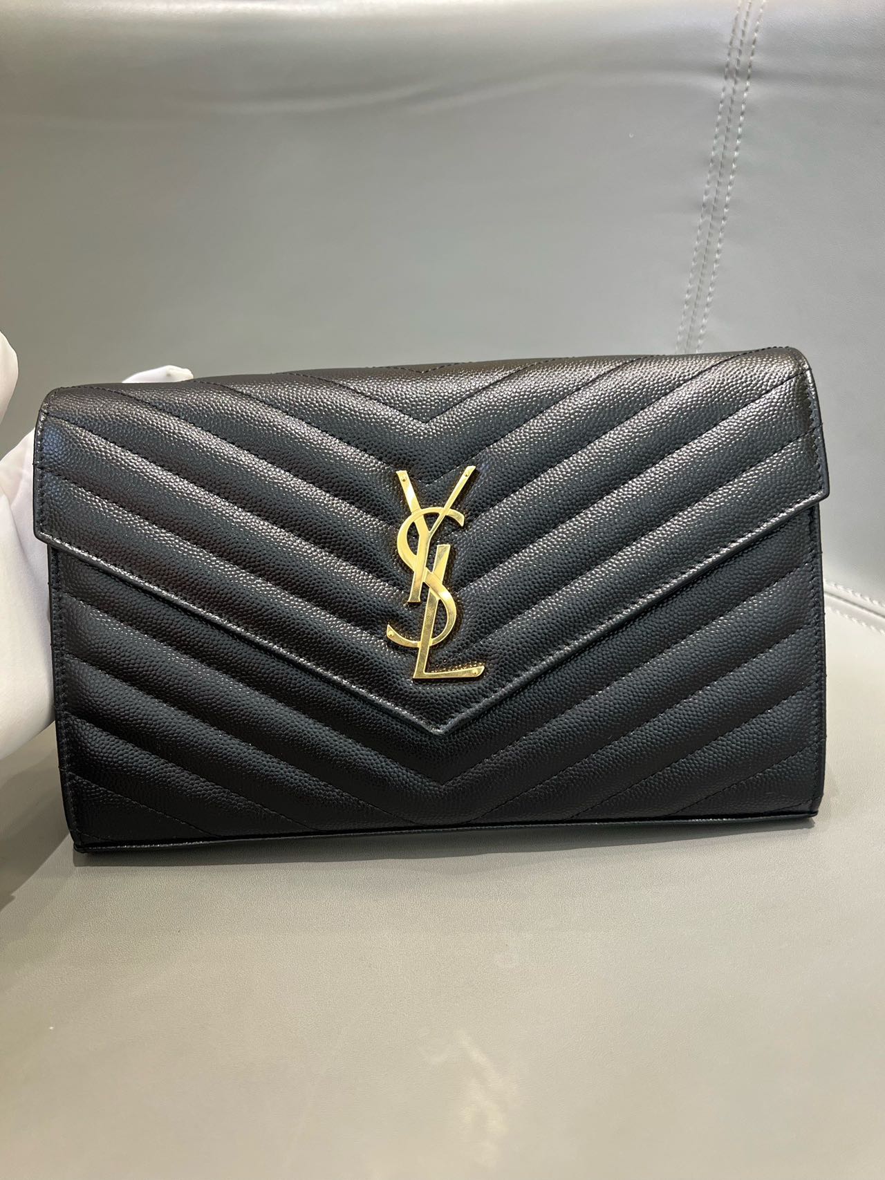 Pre-owned Certified  YSL Saint Laurent Monogram Wallet on Chain in Black Caviar Leather with Golden Hardware, 2021, w/ full set