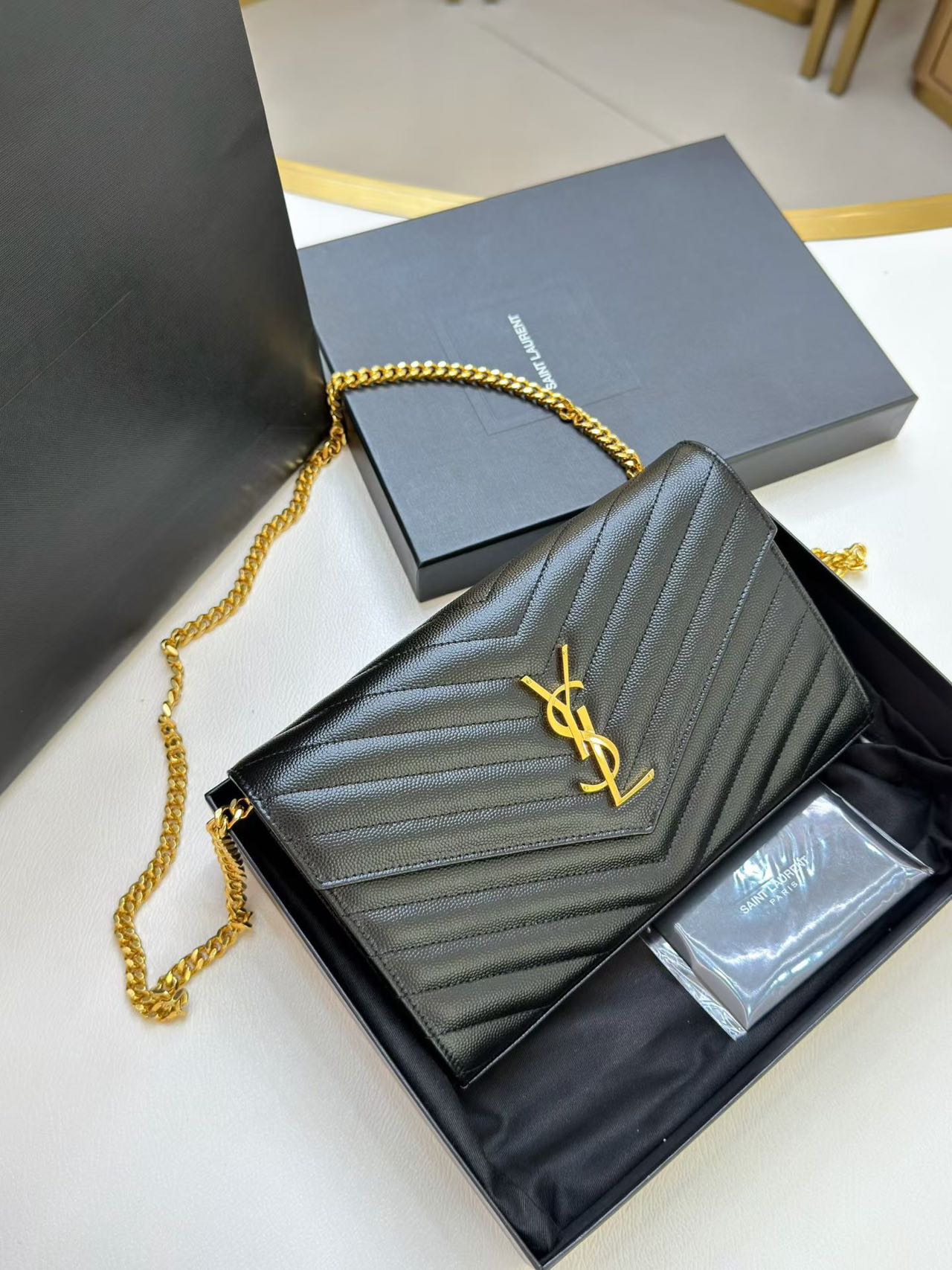 Pre-owned Certified  YSL Saint Laurent Monogram Wallet on Chain in Black Caviar Leather with Golden Hardware, 2021, w/ full set