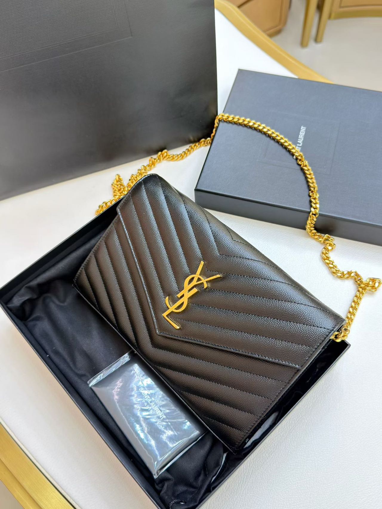 Pre-owned Certified  YSL Saint Laurent Monogram Wallet on Chain in Black Caviar Leather with Golden Hardware, 2021, w/ full set