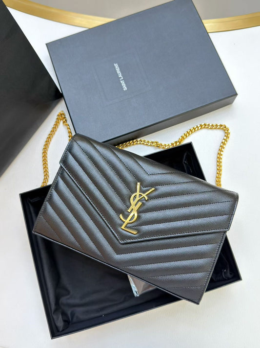 Pre-owned Certified  YSL Saint Laurent Monogram Wallet on Chain in Black Caviar Leather with Golden Hardware, 2021, w/ full set