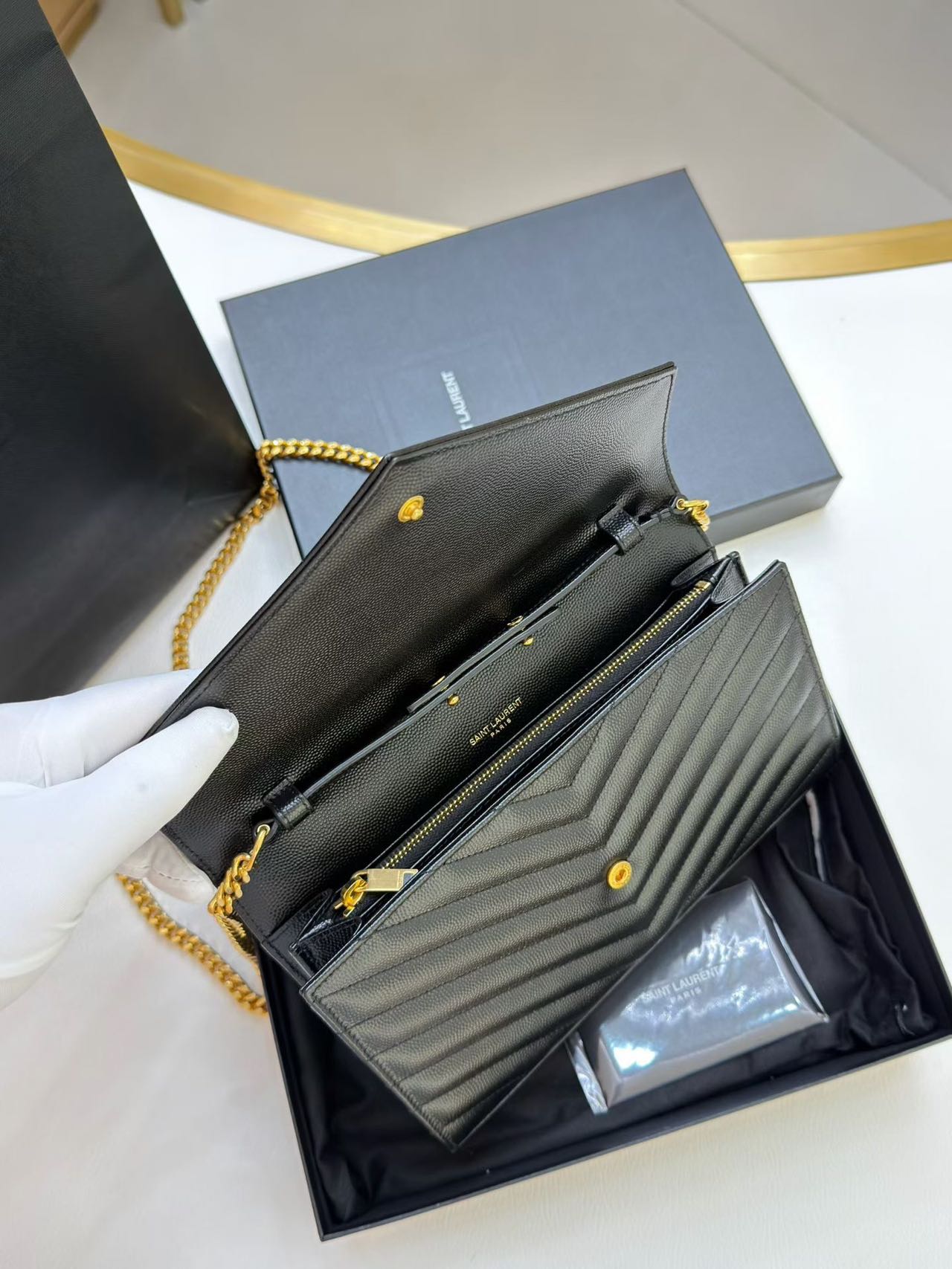 Pre-owned Certified  YSL Saint Laurent Monogram Wallet on Chain in Black Caviar Leather with Golden Hardware, 2021, w/ full set