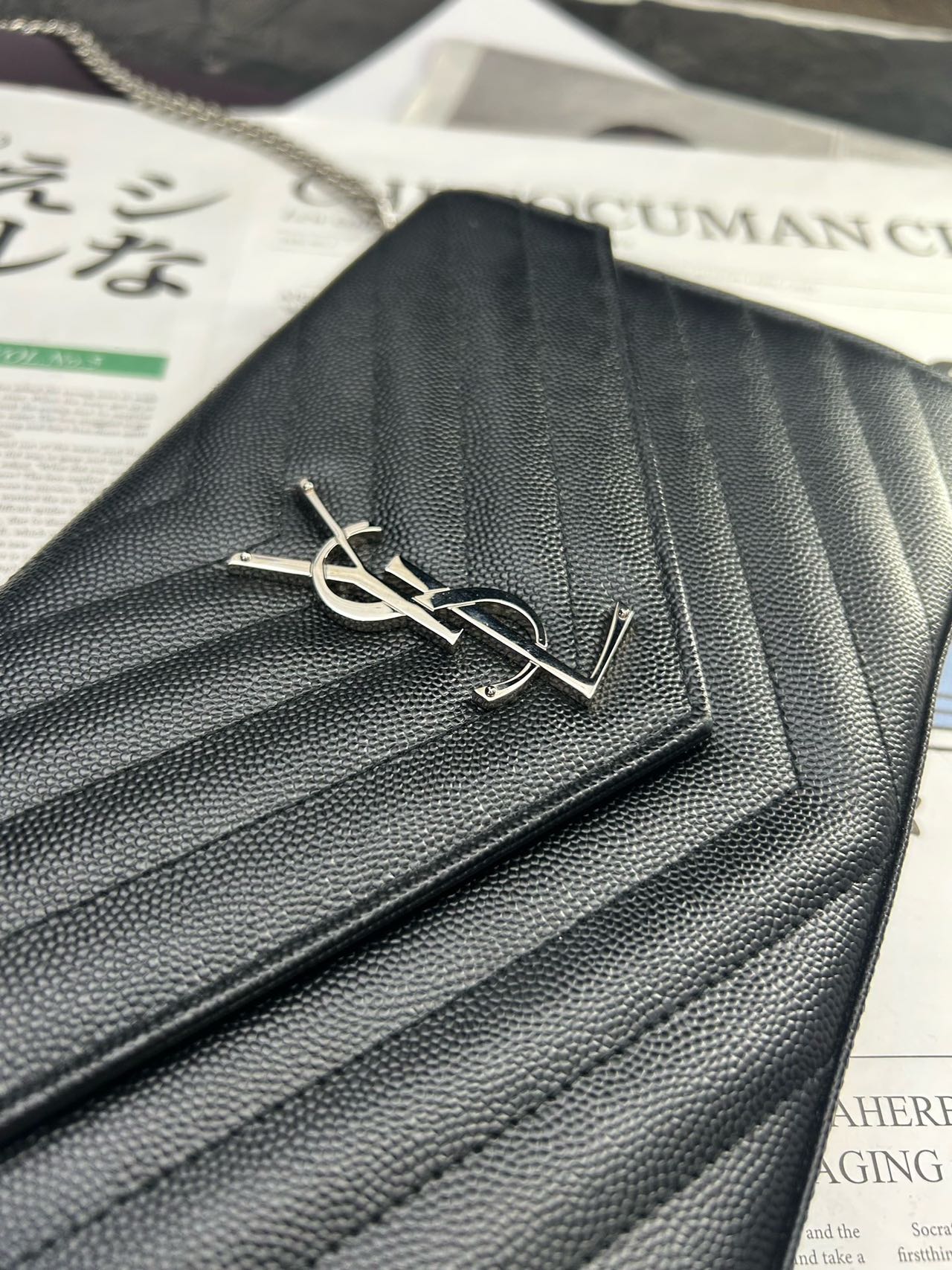 Pre-owned Certified YSL Saint Laurent Monogram Wallet on Chain in Black Caviar Leather with Silver Hardware, 2019, w/ full set