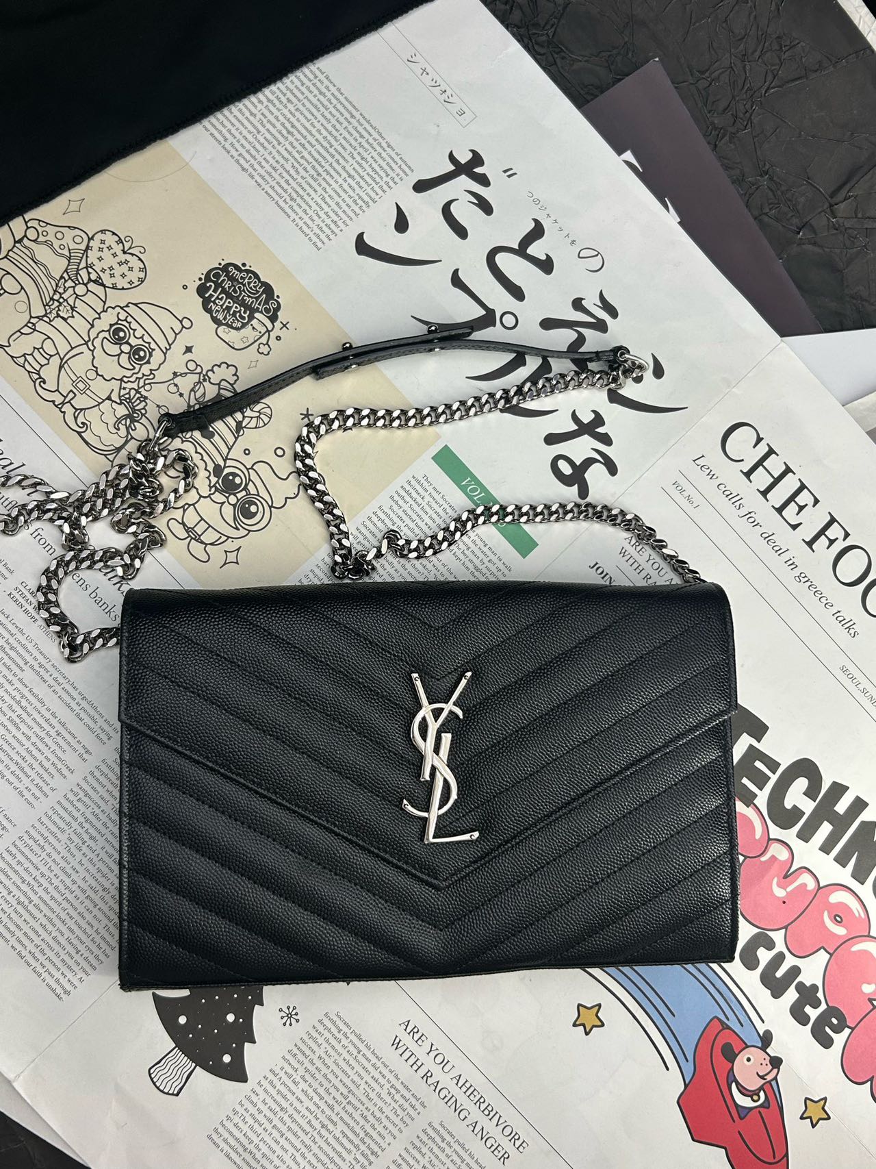 Pre-owned Certified YSL Saint Laurent Monogram Wallet on Chain in Black Caviar Leather with Silver Hardware, 2019, w/ full set