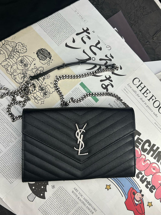 Pre-owned Certified YSL Saint Laurent Monogram Wallet on Chain in Black Caviar Leather with Silver Hardware, 2019, w/ full set