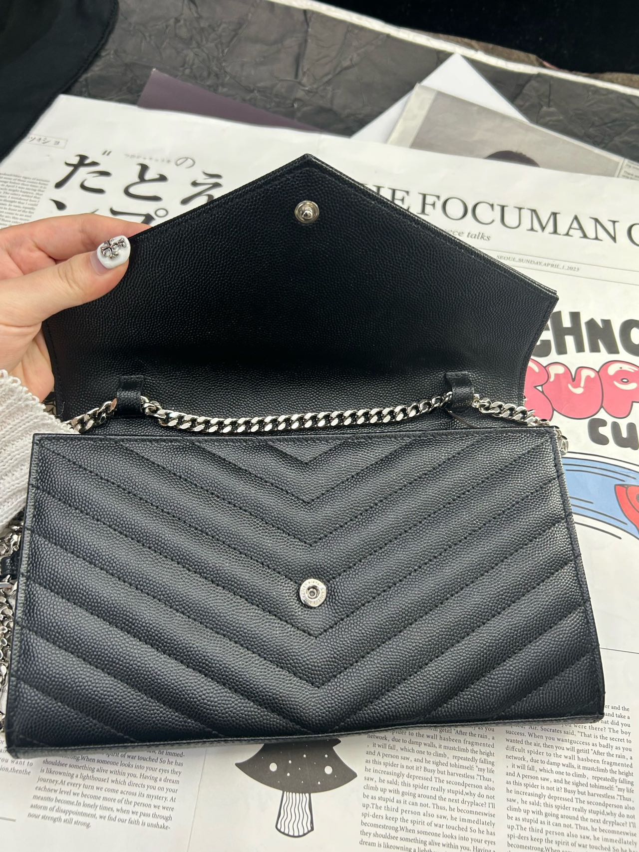 Pre-owned Certified YSL Saint Laurent Monogram Wallet on Chain in Black Caviar Leather with Silver Hardware, 2019, w/ full set