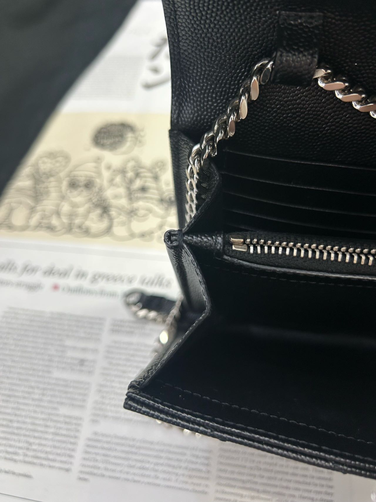 Pre-owned Certified YSL Saint Laurent Monogram Wallet on Chain in Black Caviar Leather with Silver Hardware, 2019, w/ full set