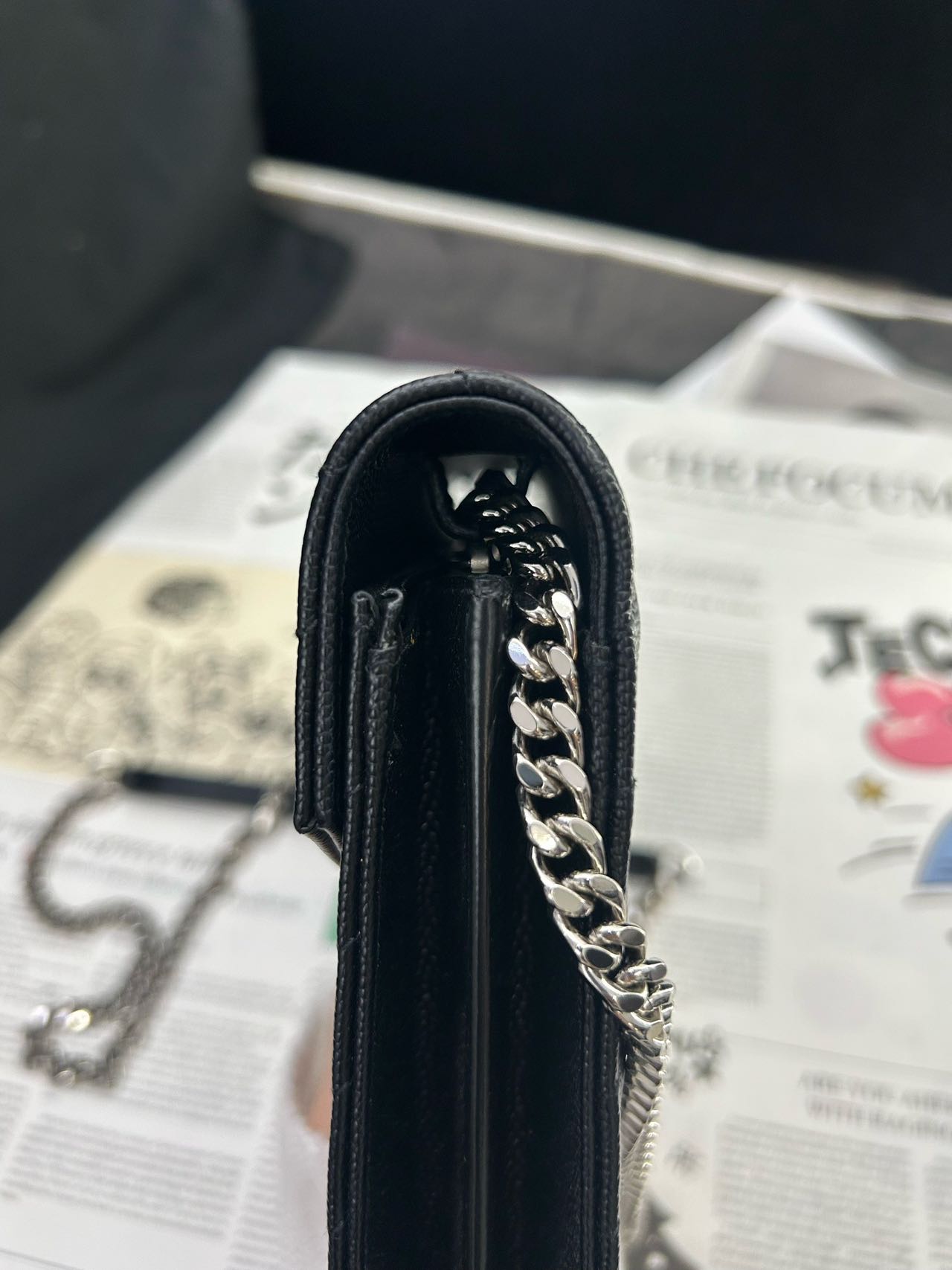 Pre-owned Certified YSL Saint Laurent Monogram Wallet on Chain in Black Caviar Leather with Silver Hardware, 2019, w/ full set