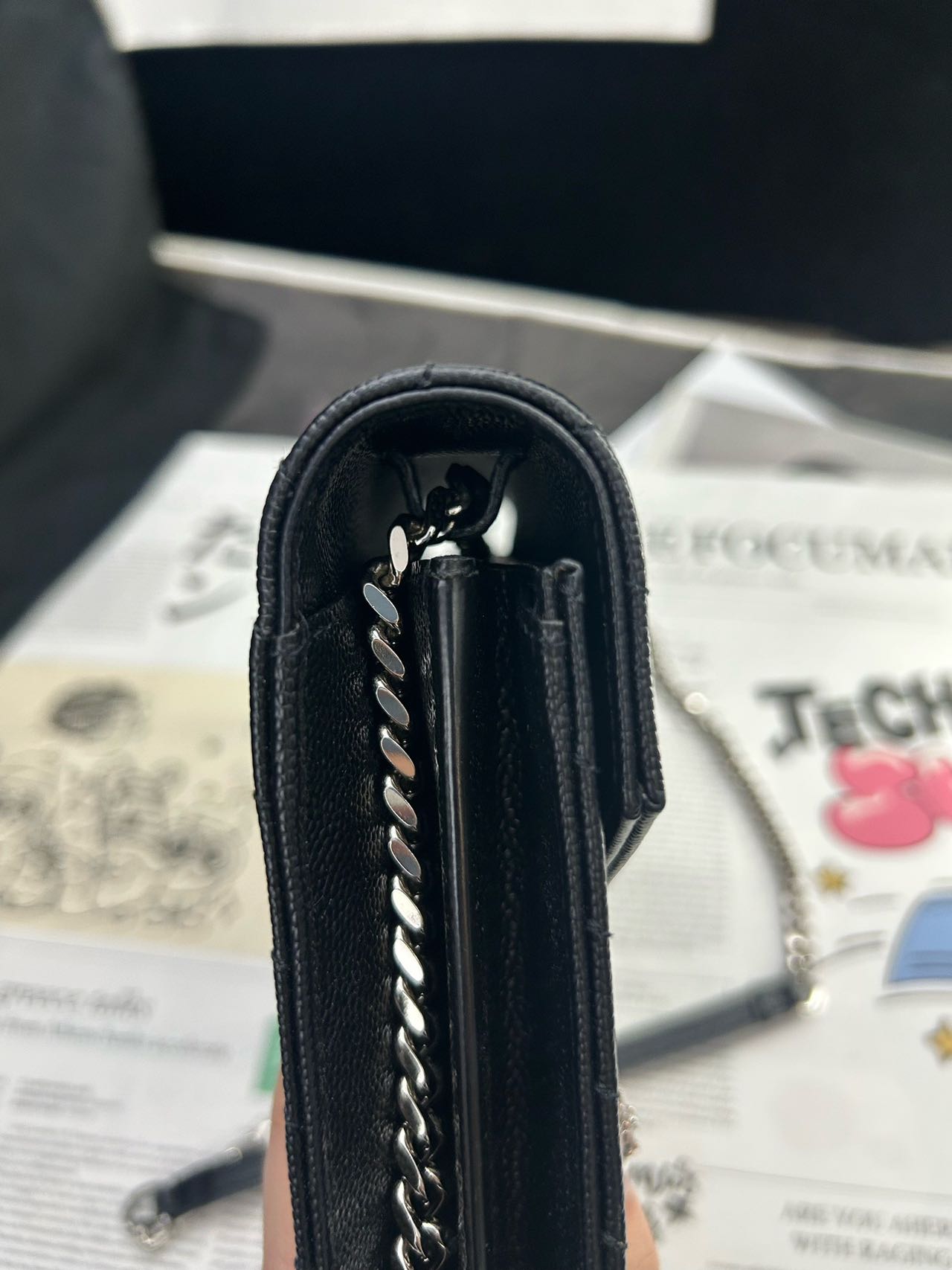 Pre-owned Certified YSL Saint Laurent Monogram Wallet on Chain in Black Caviar Leather with Silver Hardware, 2019, w/ full set
