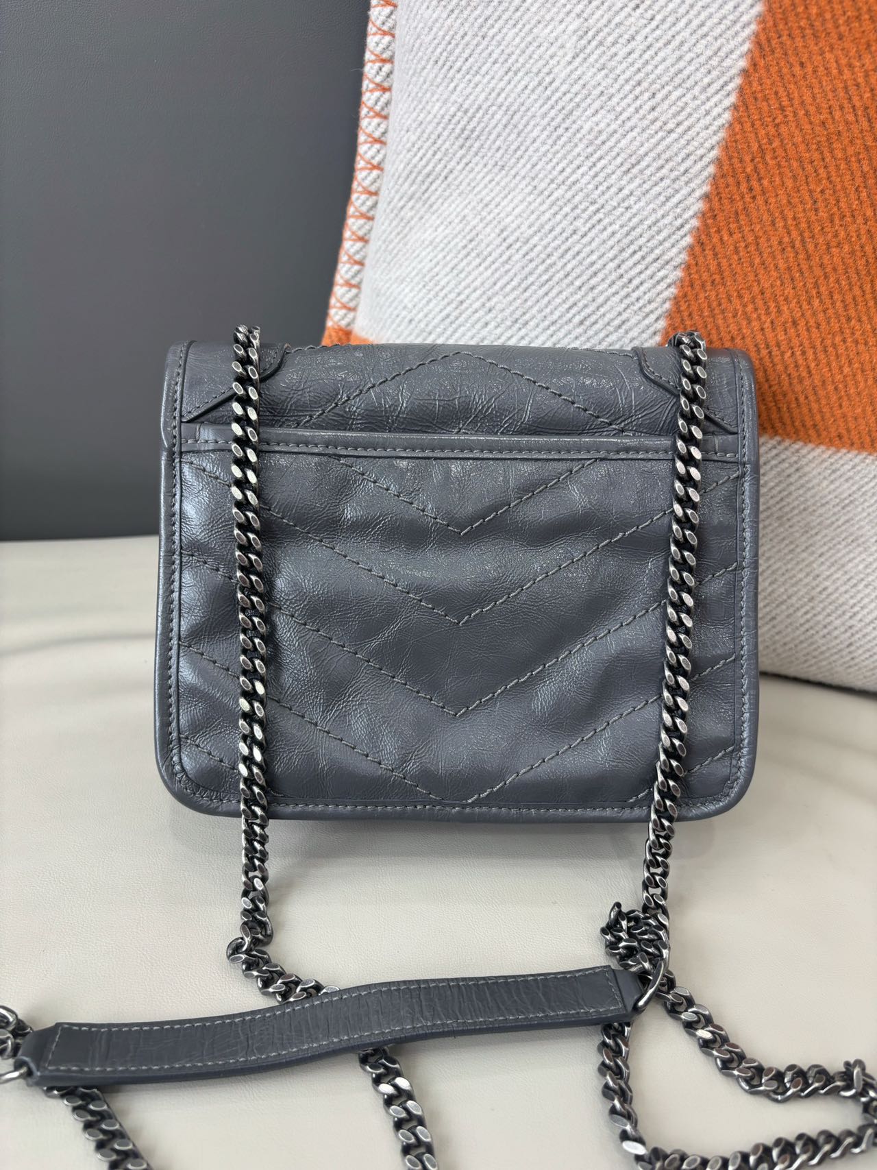 Pre-owned Certified Saint Laurent YSL Baby Niki Bag Gray  Vintage Calfskin with Silver Hardware, 2019, w/ dust bag