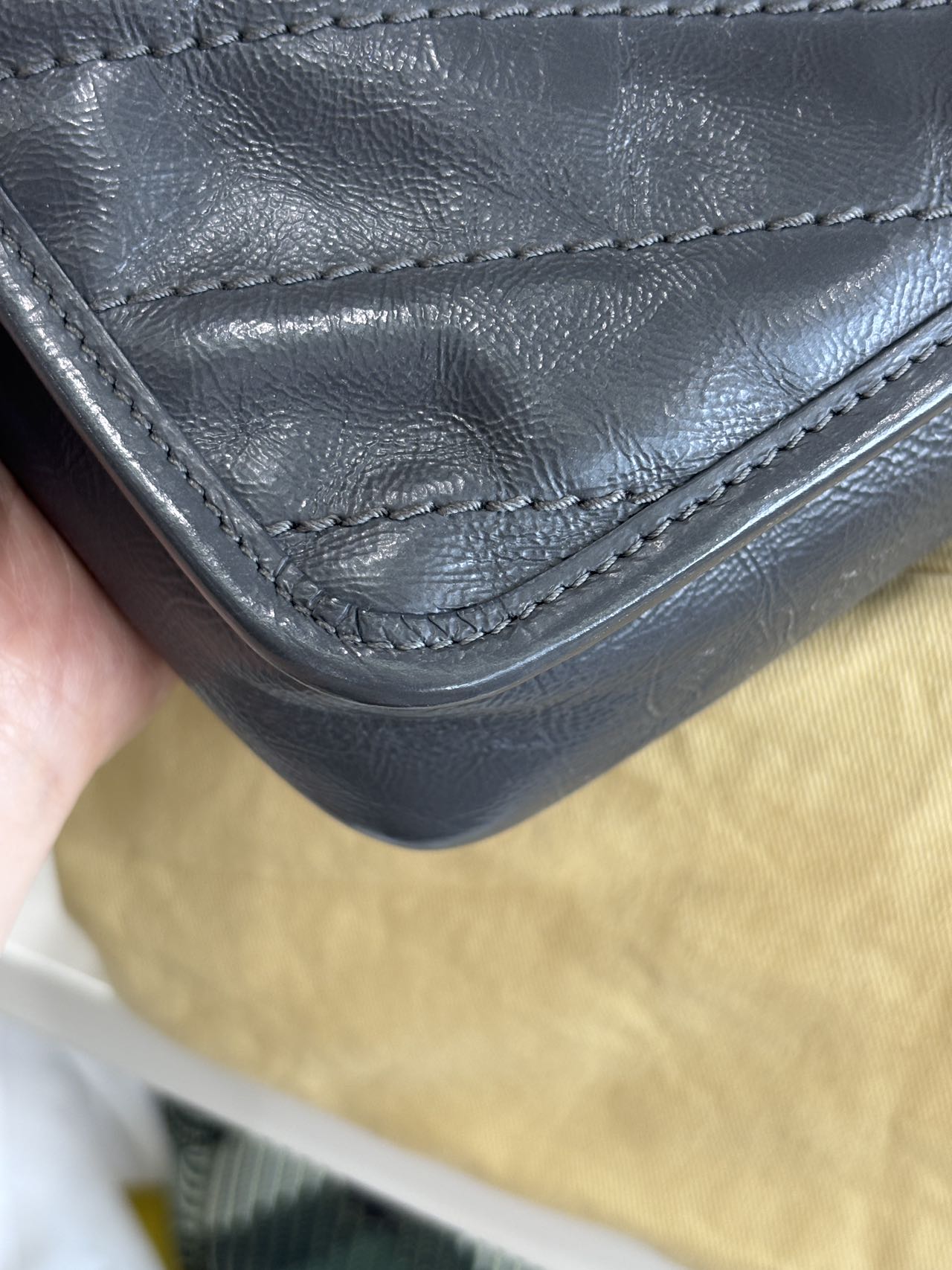 Pre-owned Certified Saint Laurent YSL Baby Niki Bag Gray  Vintage Calfskin with Silver Hardware, 2019, w/ dust bag