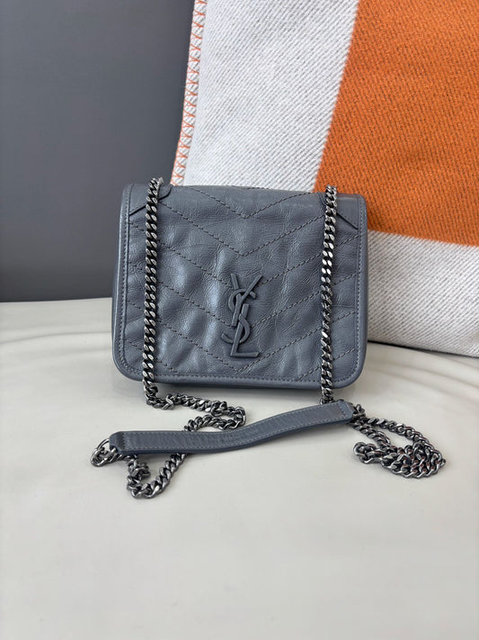 Pre-owned Certified Saint Laurent YSL Baby Niki Bag Gray  Vintage Calfskin with Silver Hardware, 2019, w/ dust bag