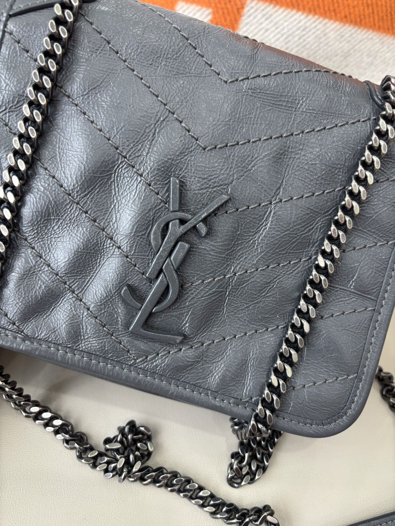 Pre-owned Certified Saint Laurent YSL Baby Niki Bag Gray  Vintage Calfskin with Silver Hardware, 2019, w/ dust bag