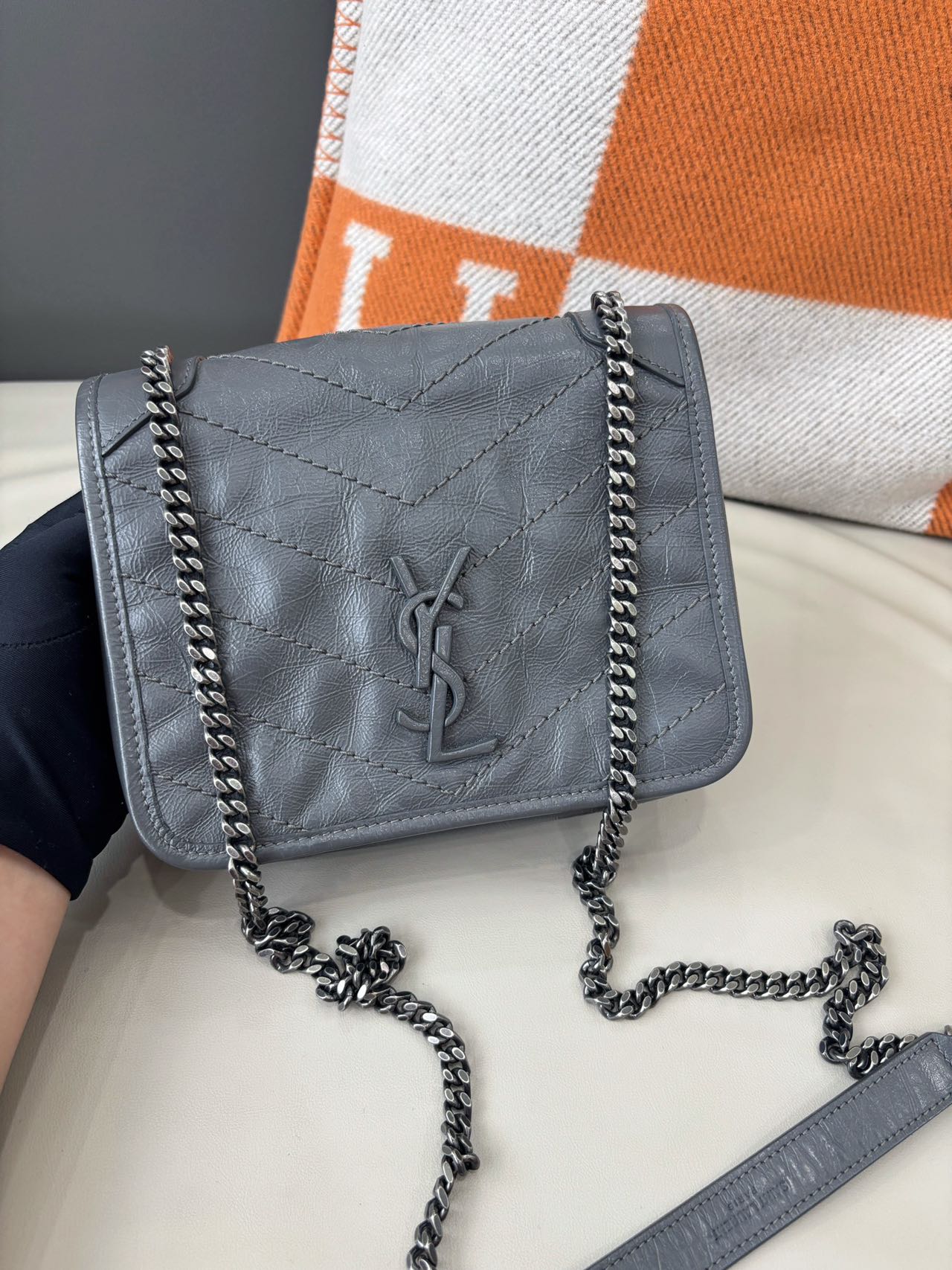 Pre-owned Certified Saint Laurent YSL Baby Niki Bag Gray  Vintage Calfskin with Silver Hardware, 2019, w/ dust bag