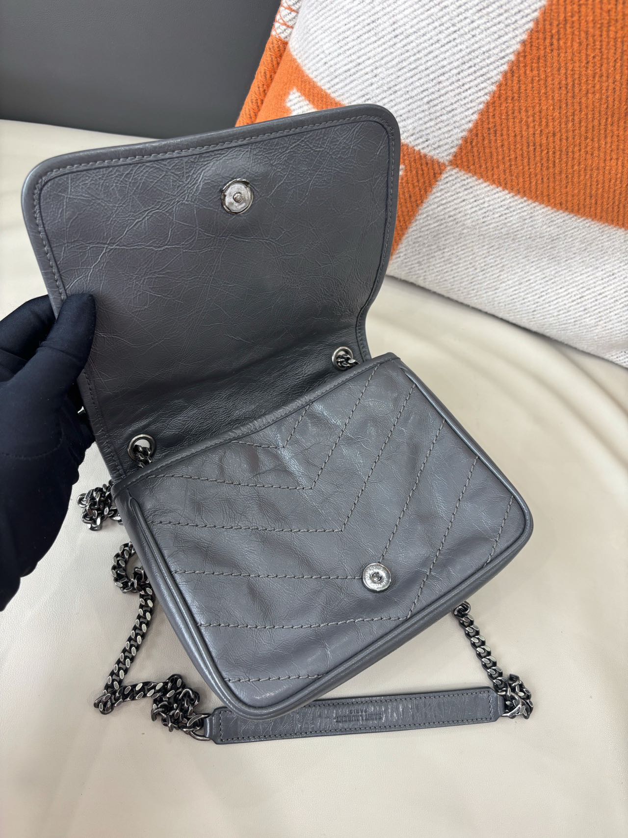 Pre-owned Certified Saint Laurent YSL Baby Niki Bag Gray  Vintage Calfskin with Silver Hardware, 2019, w/ dust bag
