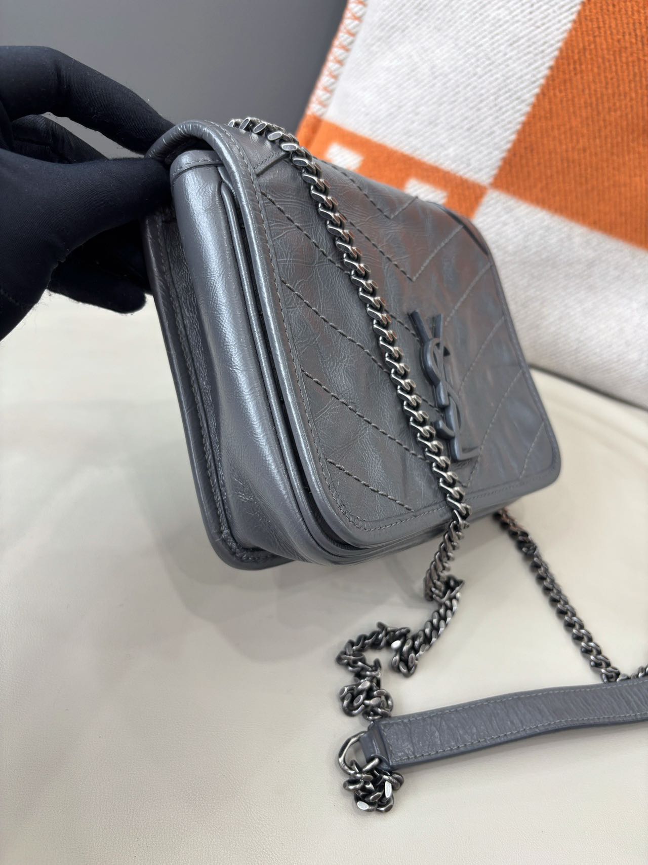 Pre-owned Certified Saint Laurent YSL Baby Niki Bag Gray  Vintage Calfskin with Silver Hardware, 2019, w/ dust bag