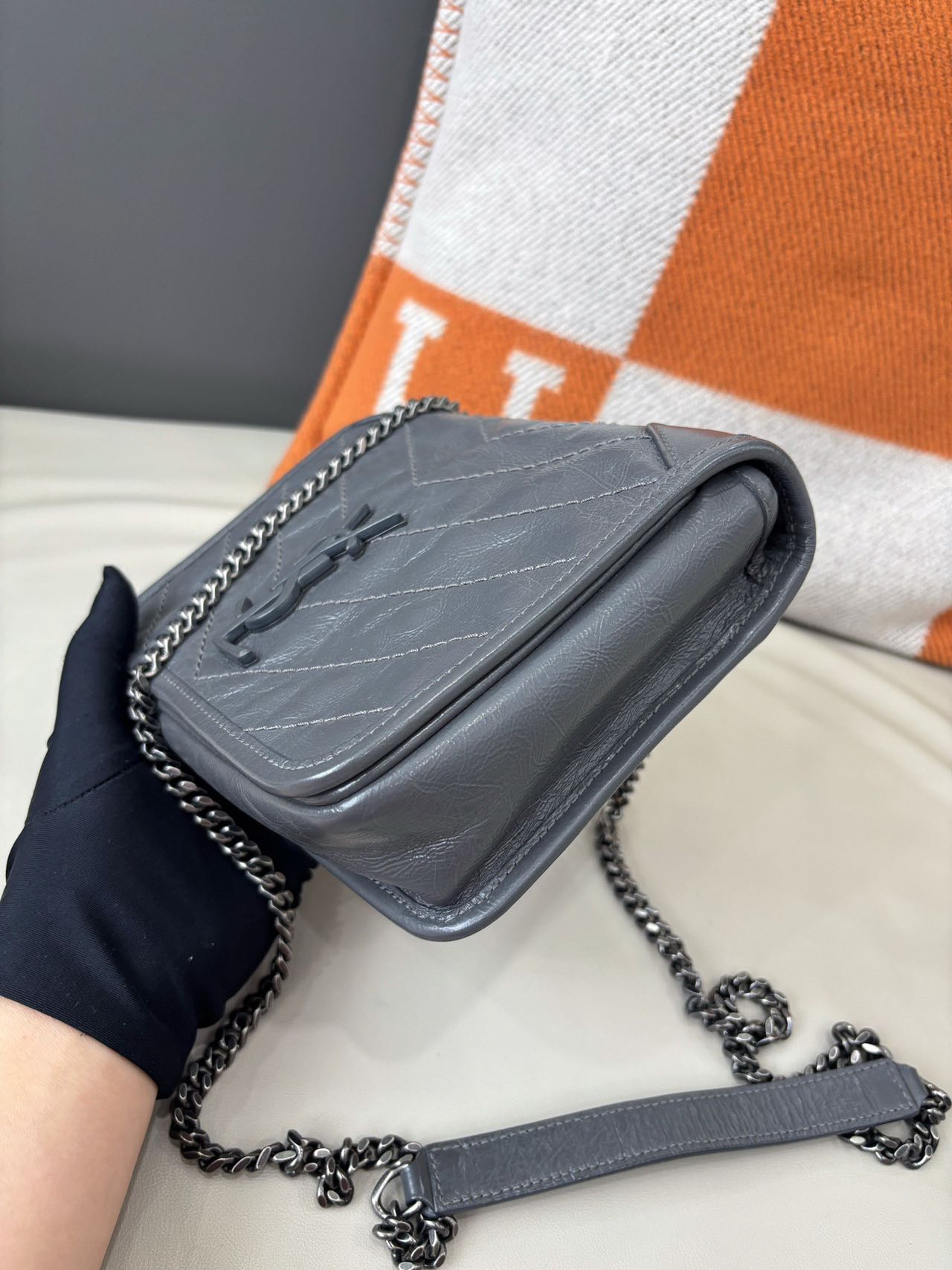 Pre-owned Certified Saint Laurent YSL Baby Niki Bag Gray  Vintage Calfskin with Silver Hardware, 2019, w/ dust bag