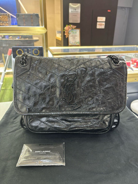 Pre-owned Certified Saint Laurent YSL Niki Medium So Black Shiny Vintage Calfskin, 2019, w/ dust bag