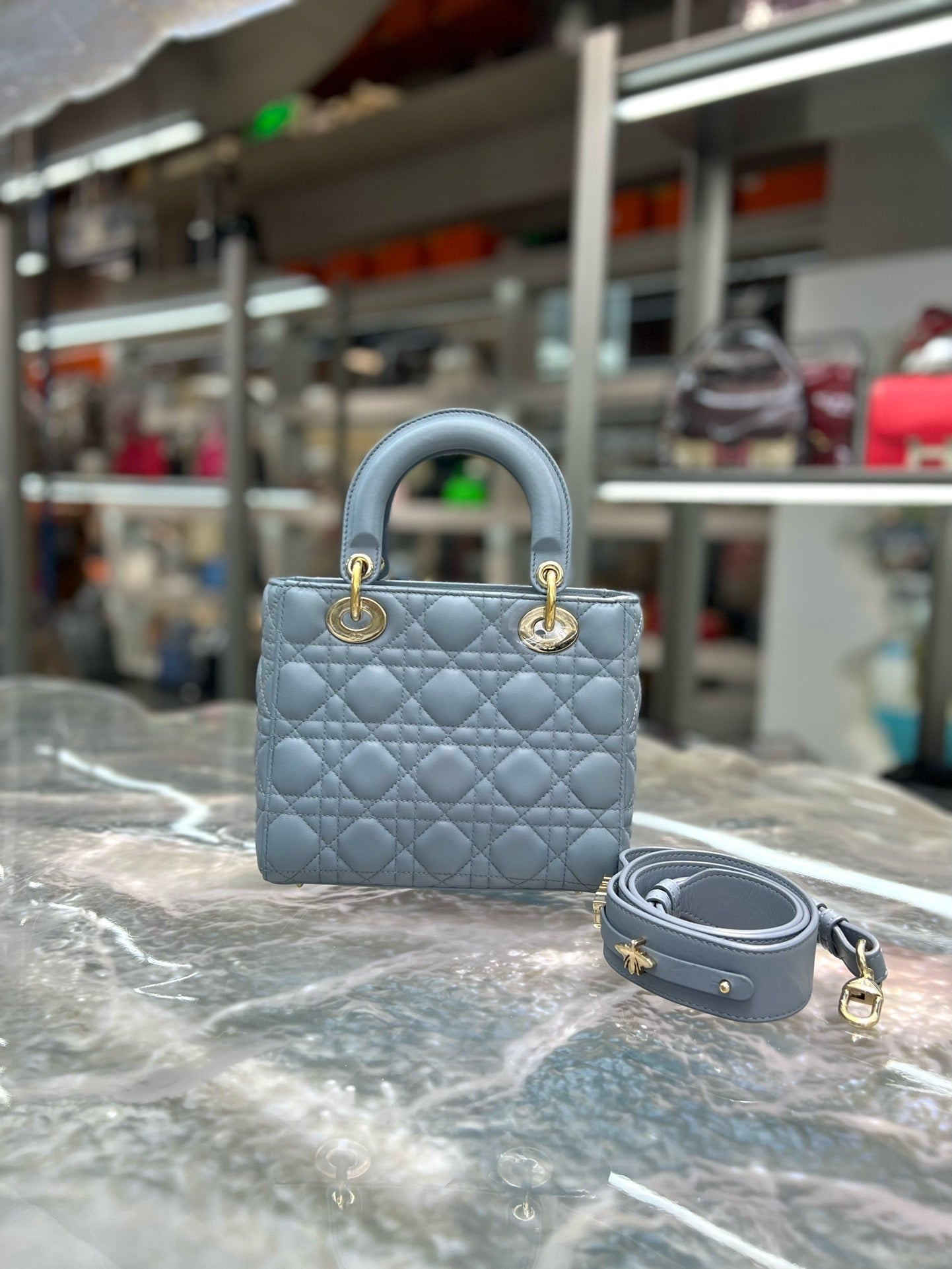 Pre-owned Small Lady Dior Sky Blue Lambskin 5-Grid Cannage, Like New, 2020, w/ dust bag, strap