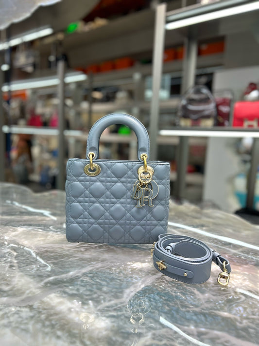 Pre-owned Small Lady Dior Sky Blue Lambskin 5-Grid Cannage, Like New, 2020, w/ dust bag, strap