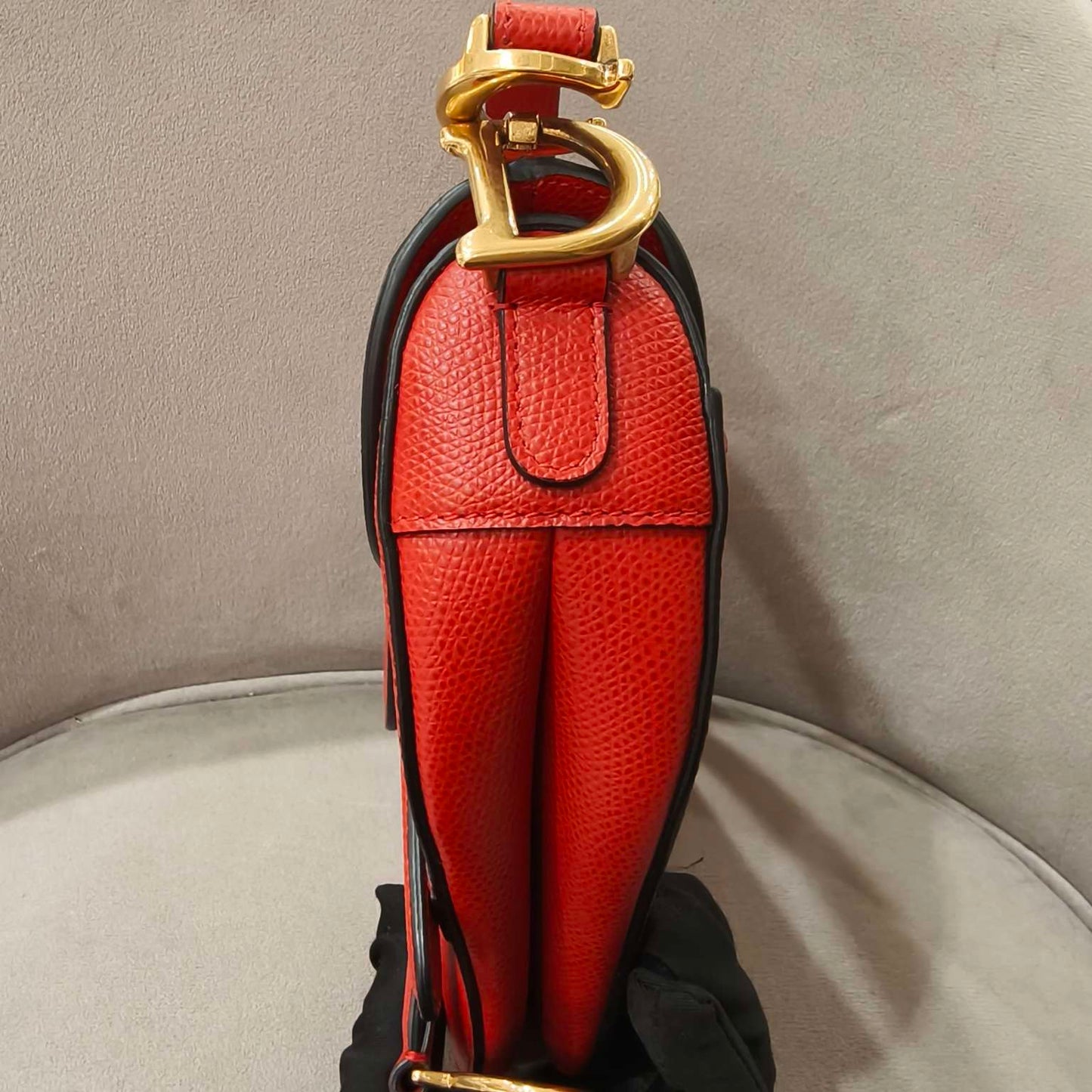 Pre-owned Dior Saddle Small in Red Grained Calfskin with Golden Hardware, Full Set with Dior long strap