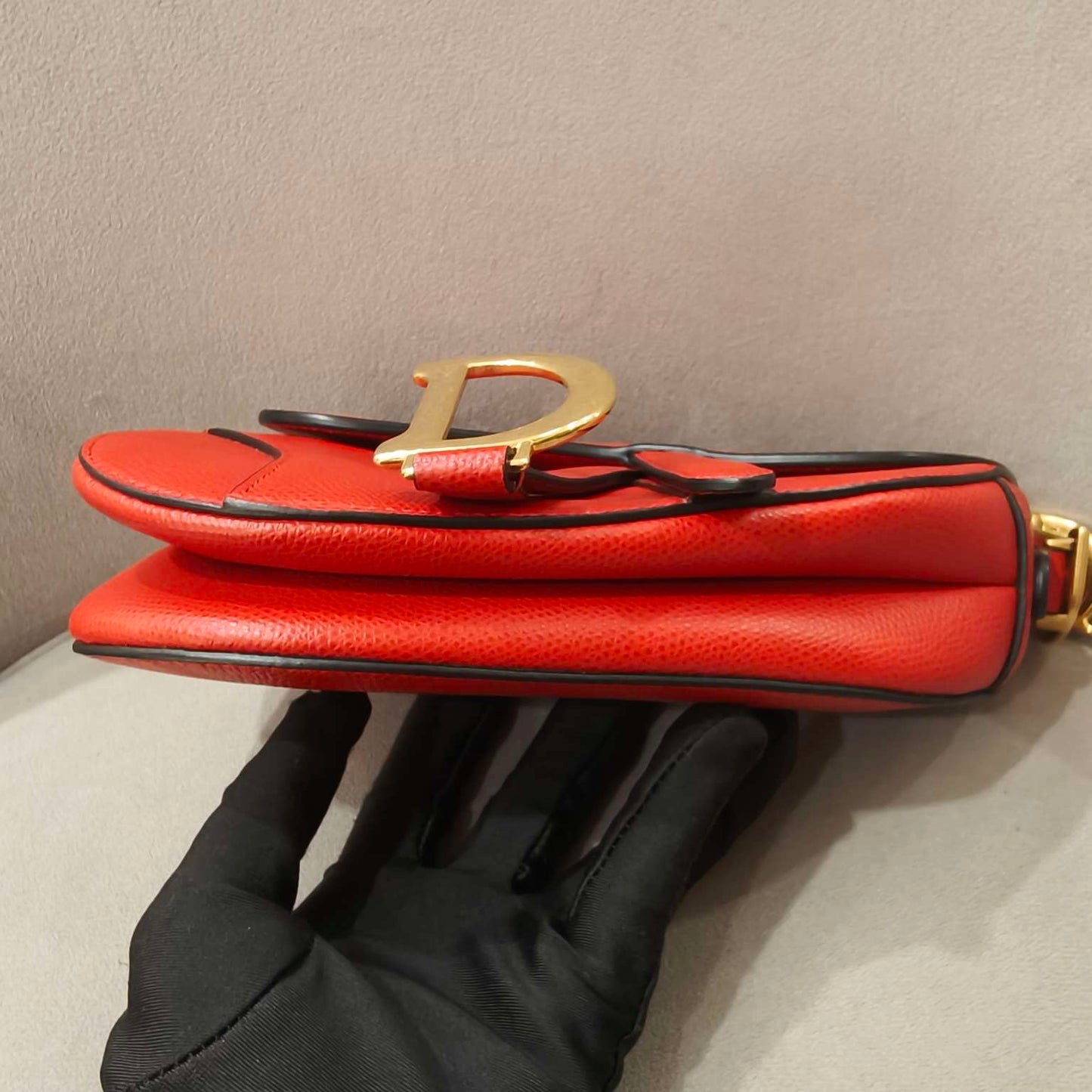 Pre-owned Dior Saddle Small in Red Grained Calfskin with Golden Hardware, Full Set with Dior long strap