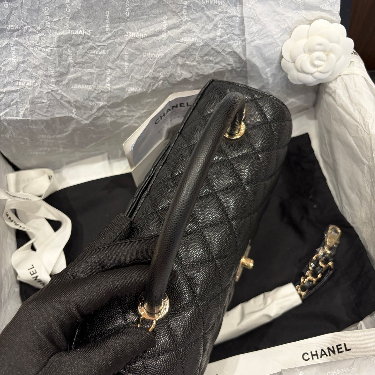 Pre-owned Certified Chanel Medium Coco Handle in Black Caviar Leather with Golden Hardware, 2022 Microchipped, w/card, full set