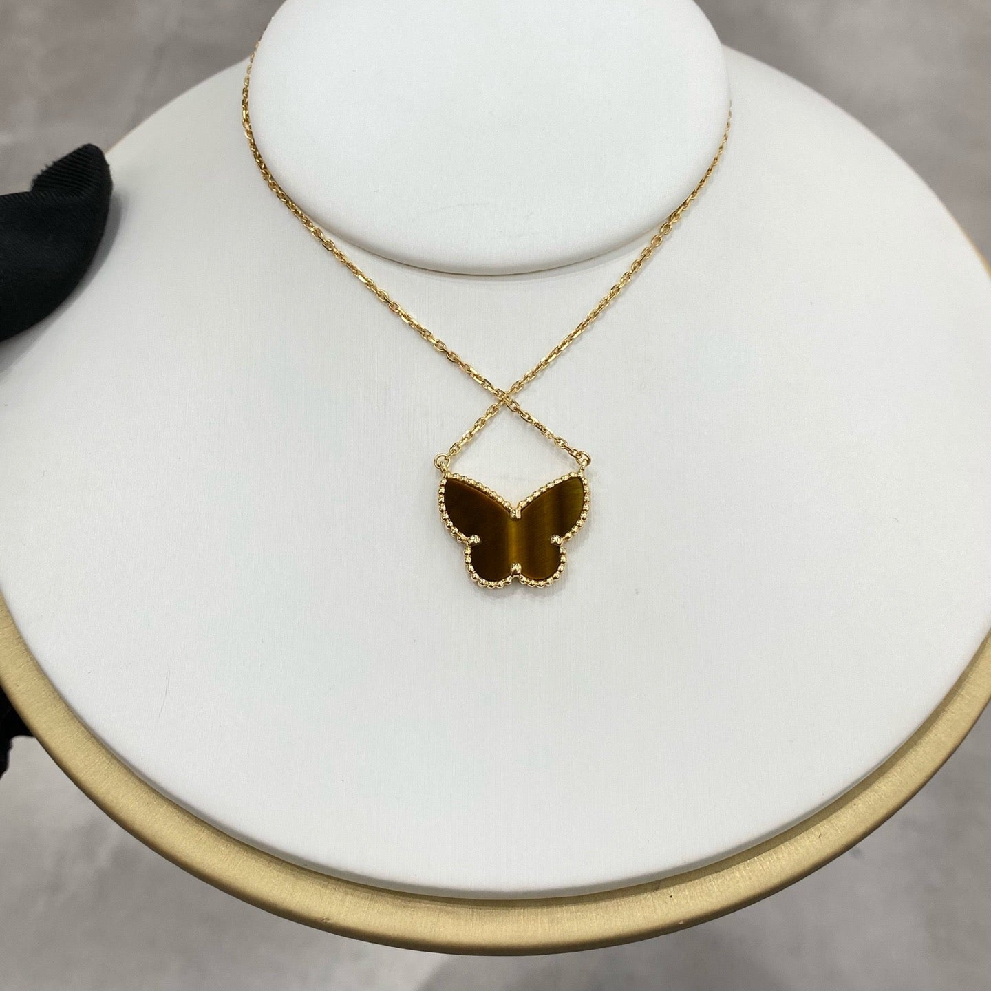 Pre-owned Certified VCA Van Cleef & Arpels Lucky Alhambra Butterfly Pendant Necklace, 18k Gold with Tiger Eye, 2017, w/ box