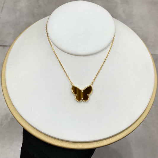 Pre-owned Certified VCA Van Cleef & Arpels Lucky Alhambra Butterfly Pendant Necklace, 18k Gold with Tiger Eye, 2017, w/ box