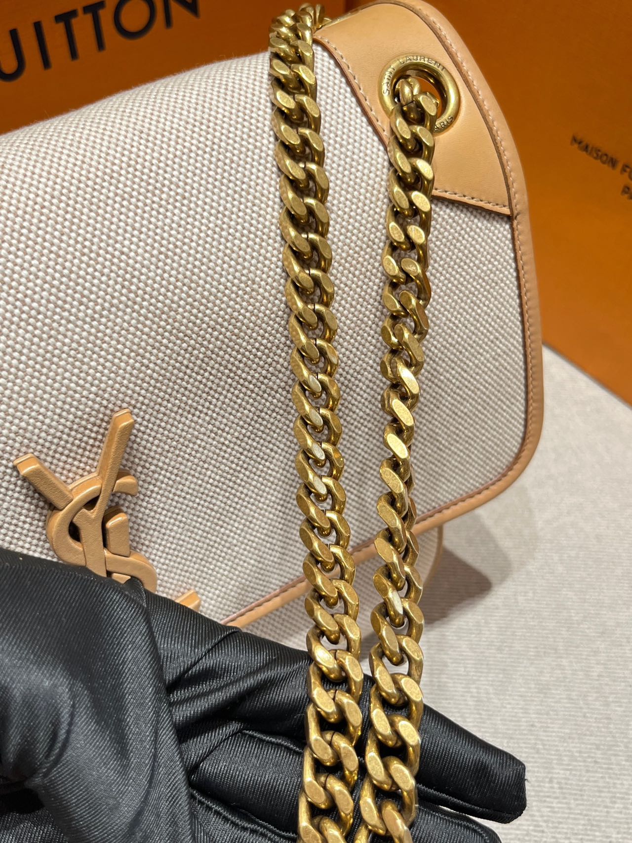 Pre-owned Certified Saint Laurent YSL Medium Niki Bag in Beige Canvas and Brown Leather with Golden Hardware