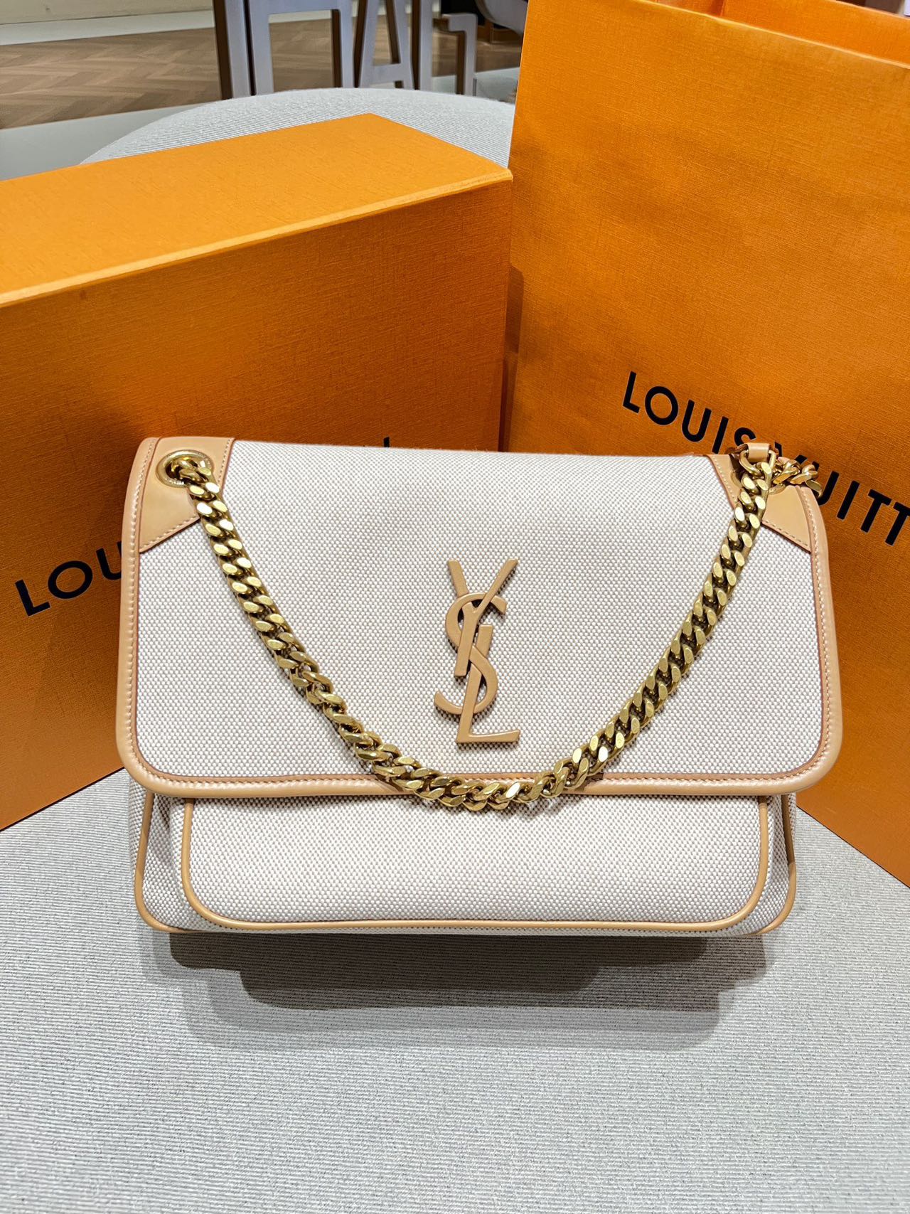 Pre-owned Certified Saint Laurent YSL Medium Niki Bag in Beige Canvas and Brown Leather with Golden Hardware