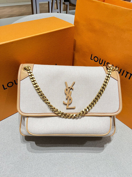 Pre-owned Certified Saint Laurent YSL Medium Niki Bag in Beige Canvas and Brown Leather with Golden Hardware